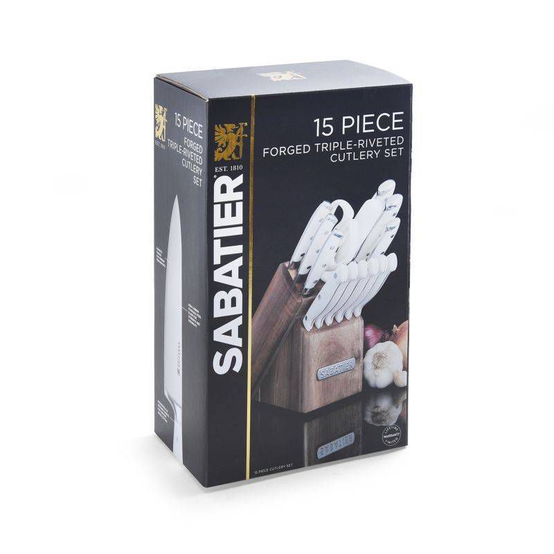 Sabatier 15pc White Knife Set with Acacia Block