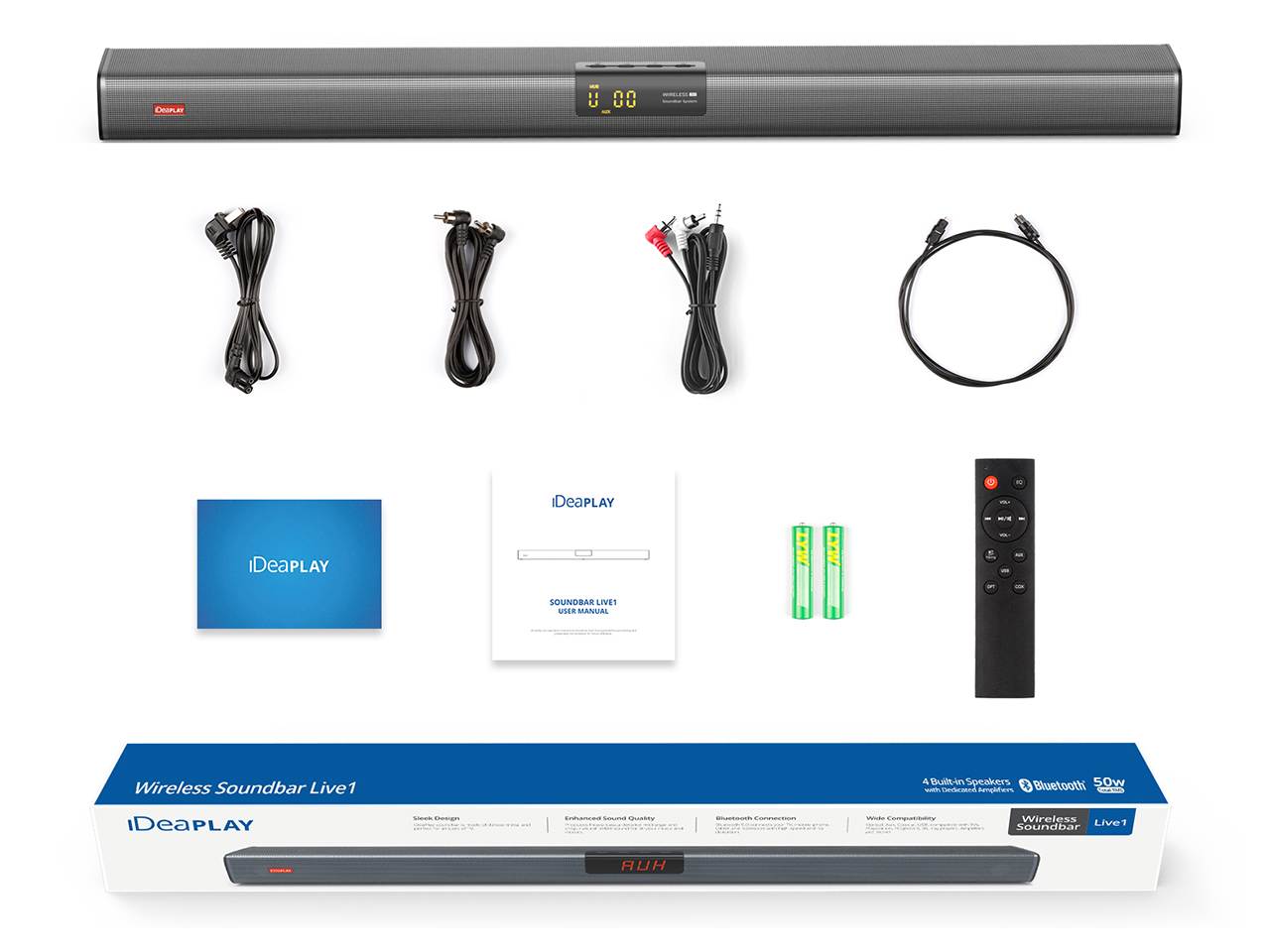 iDeaPlay Live1 Wireless Sound Bar Bluetooth Soundbar Built-in 4 Speakers with Dedicated Amplifiers 50W RMS