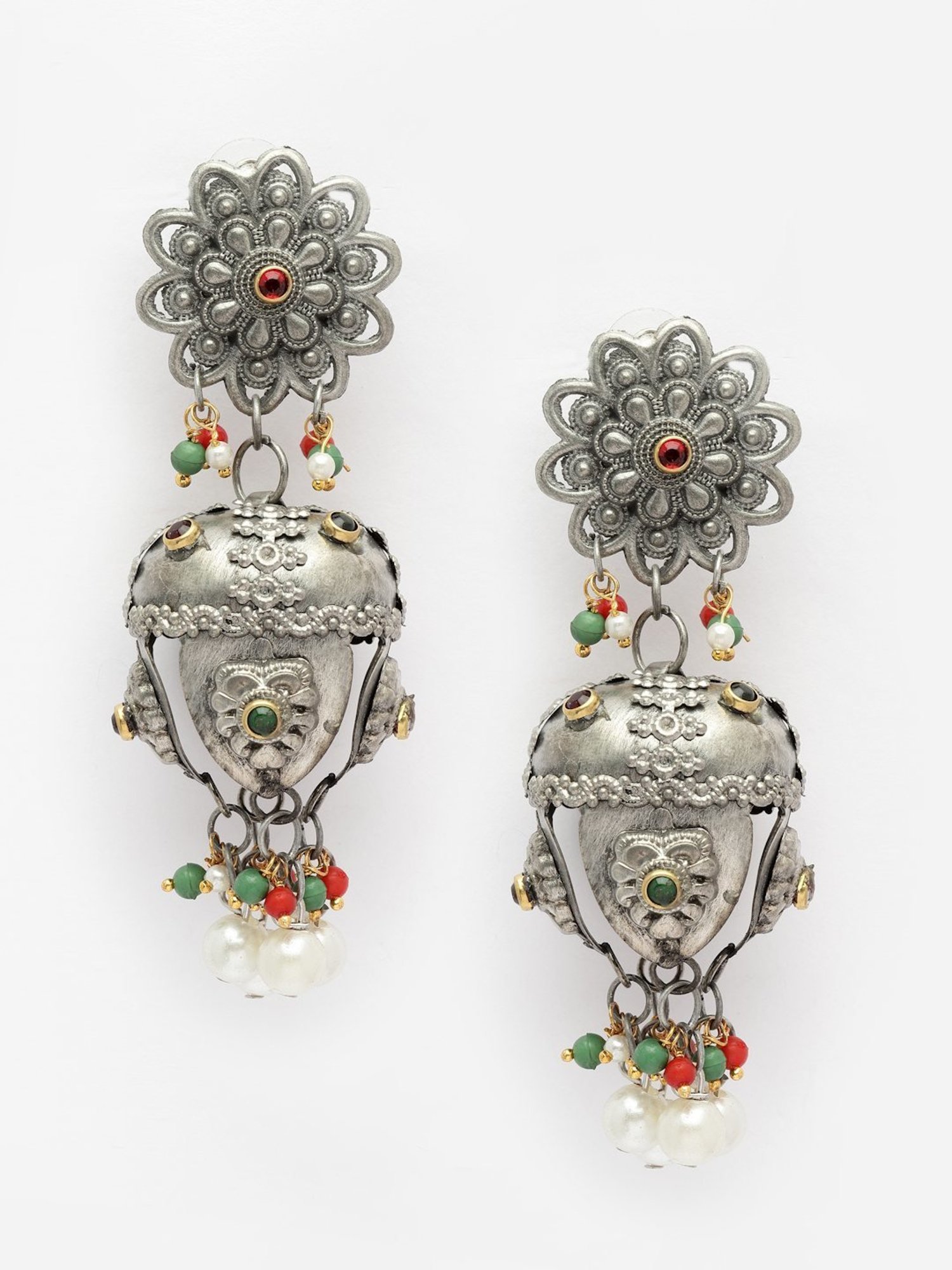 Moedbuille Stones and Pearls Tasselled Design Filigree Work Oxidised Silver Plated Earrings