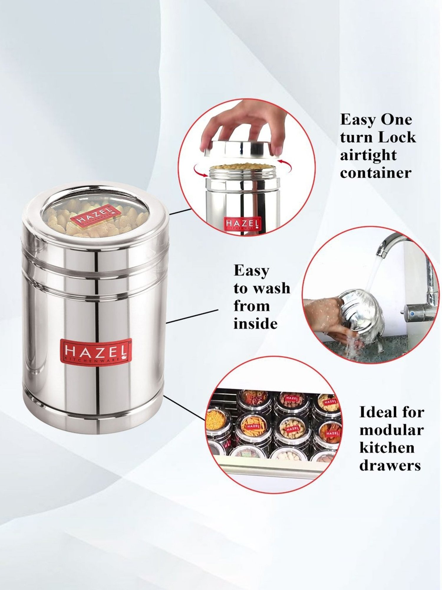 HAZEL Silver Stainless Steel Container with Transparent Lid - Set of 2 (1.4L)