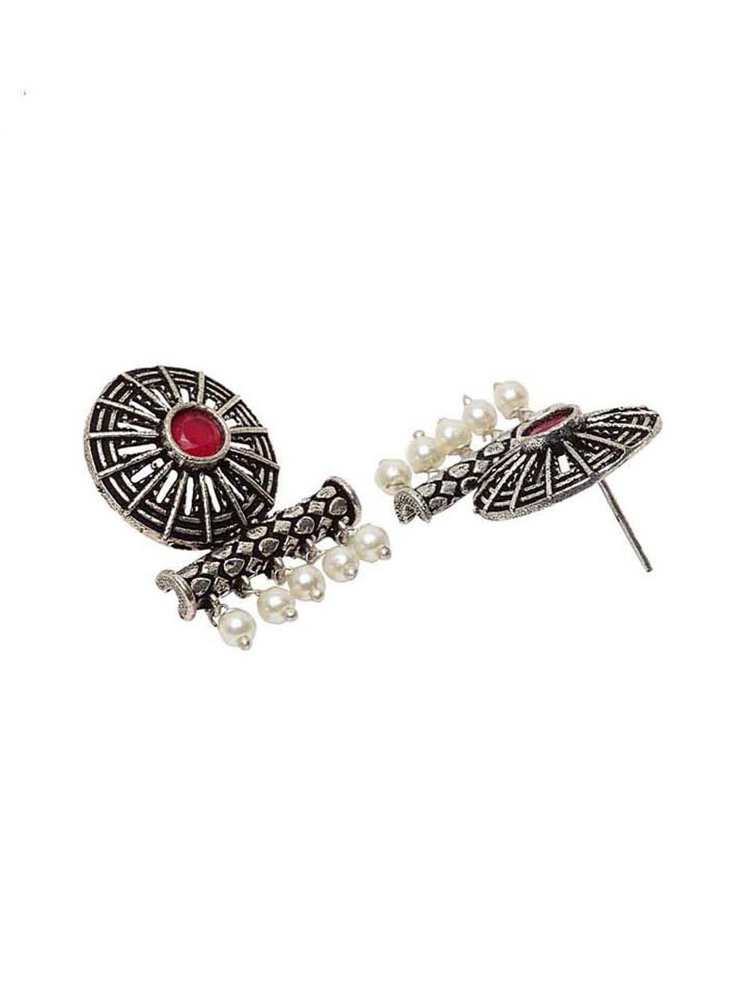 Panash Silver-Plated & Pink Circular Oxidised Stud Earrings