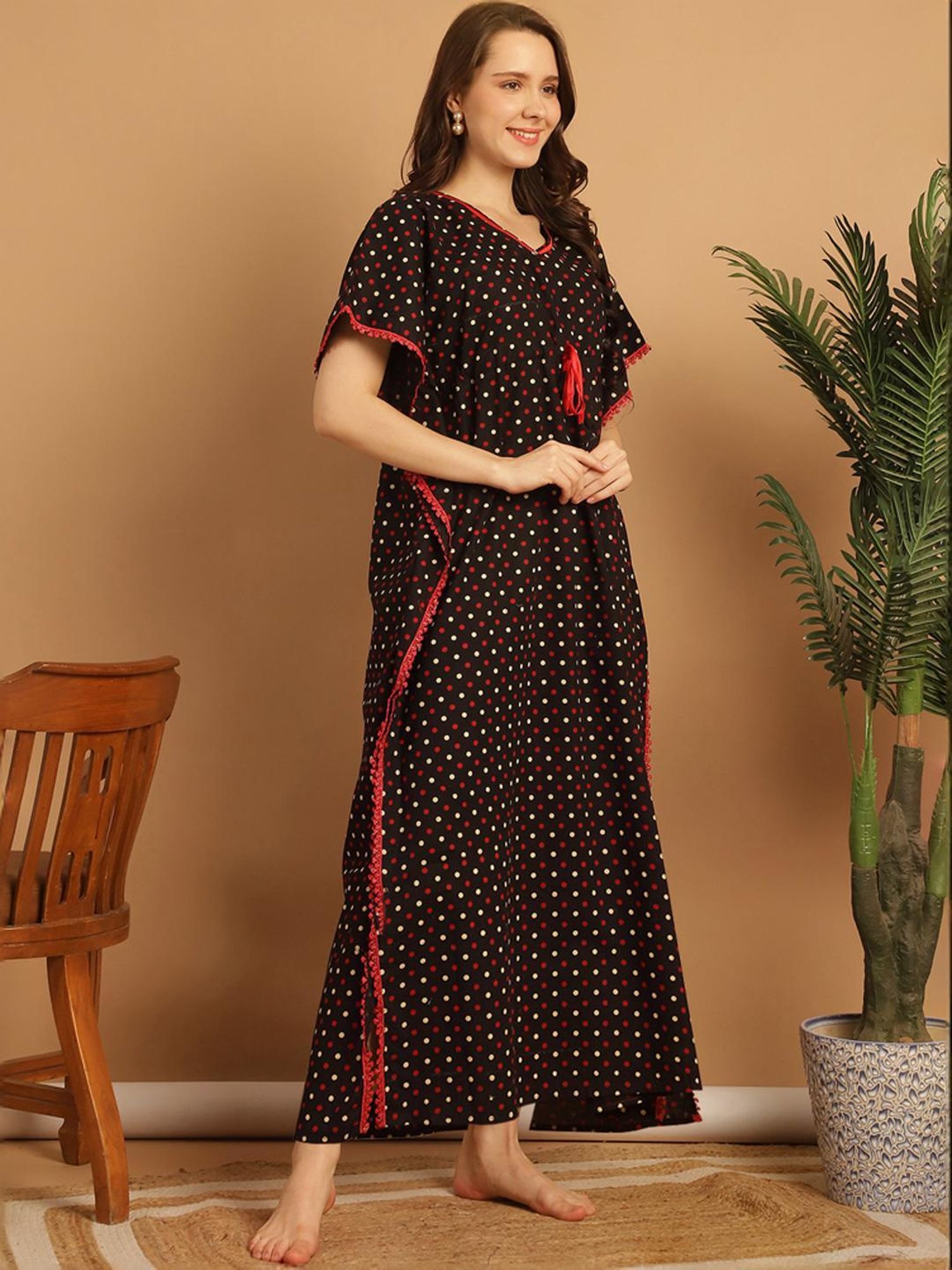 Secret Wish Black Cotton Polka Dots Kaftan