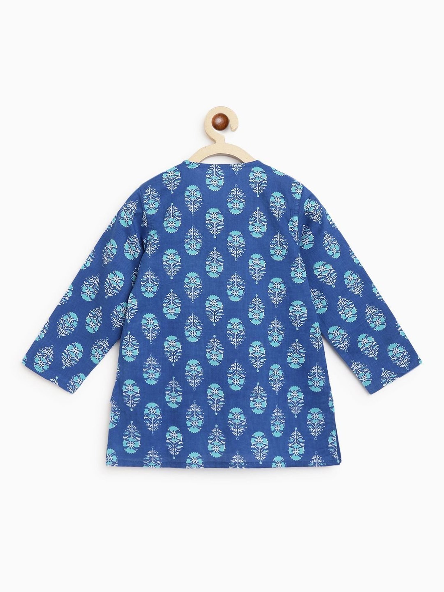 Campana Kids Dark Blue & Teal Floral Print Full Sleeves Kurta with Dhoti