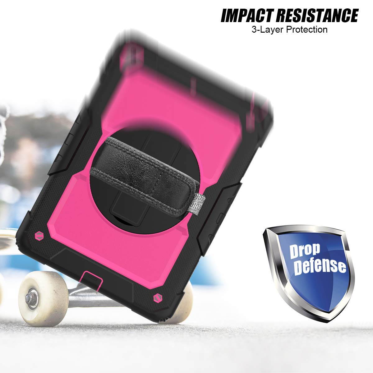 IPad 5th/6th Generation Case,Shockproof, Drop proof, 360 Degree Rotation Kickstand, Hand Strap,Shoulder Strip to Hang in Car Seat.Built-in Screen Protector for New iPad 9.7 2018/2017 Case