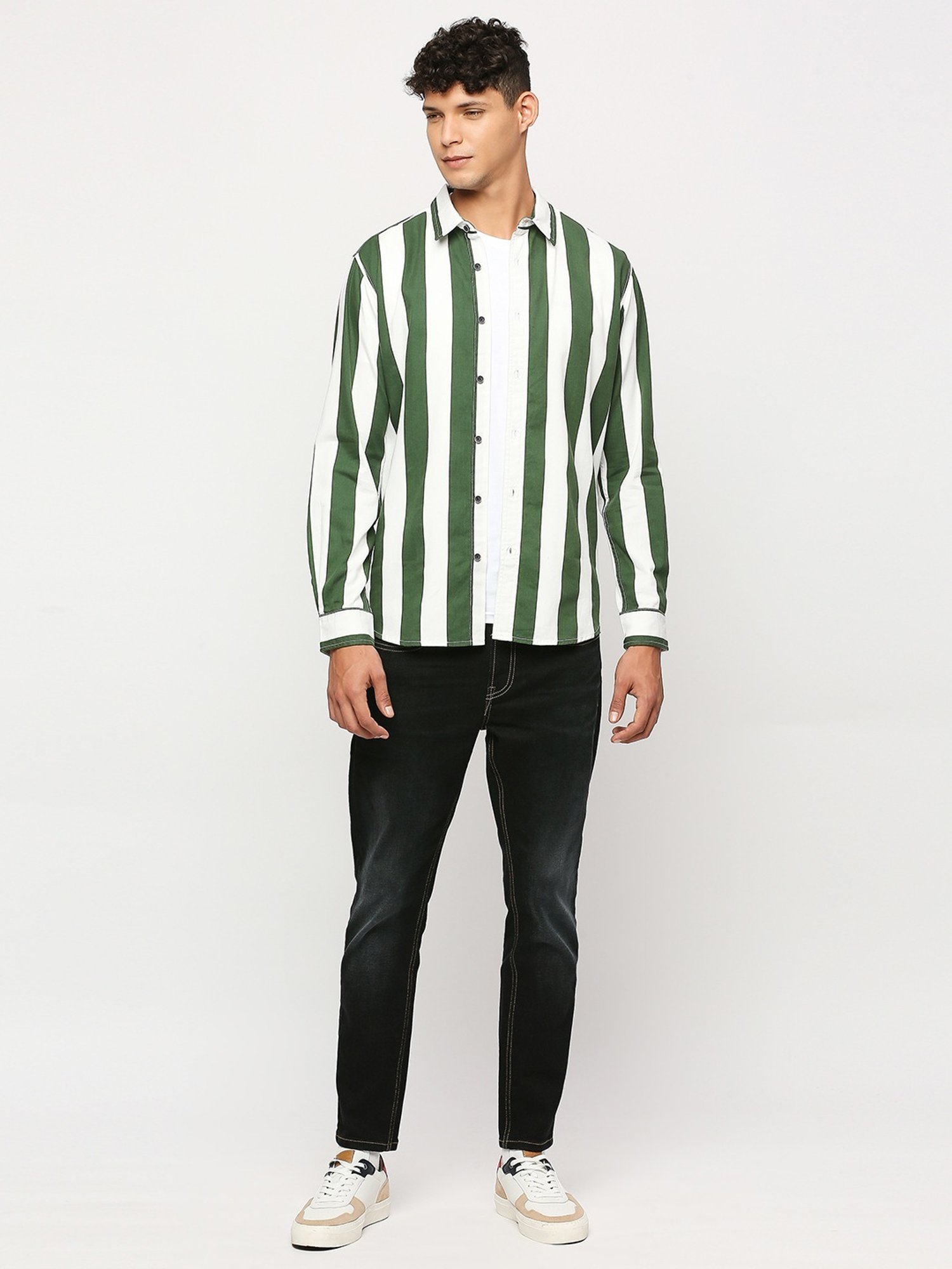 Pepe Jeans Dark Green Cotton Regular Fit Striped Shirt