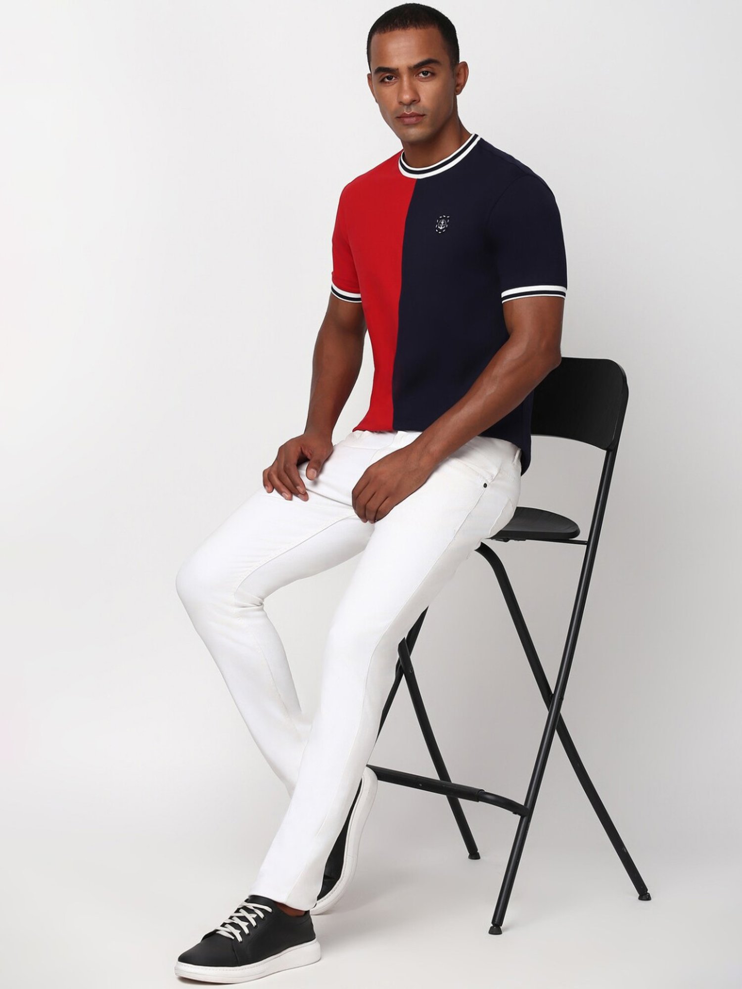 Peter England Navy & Red Cotton Regular Fit Colour Block T-Shirt