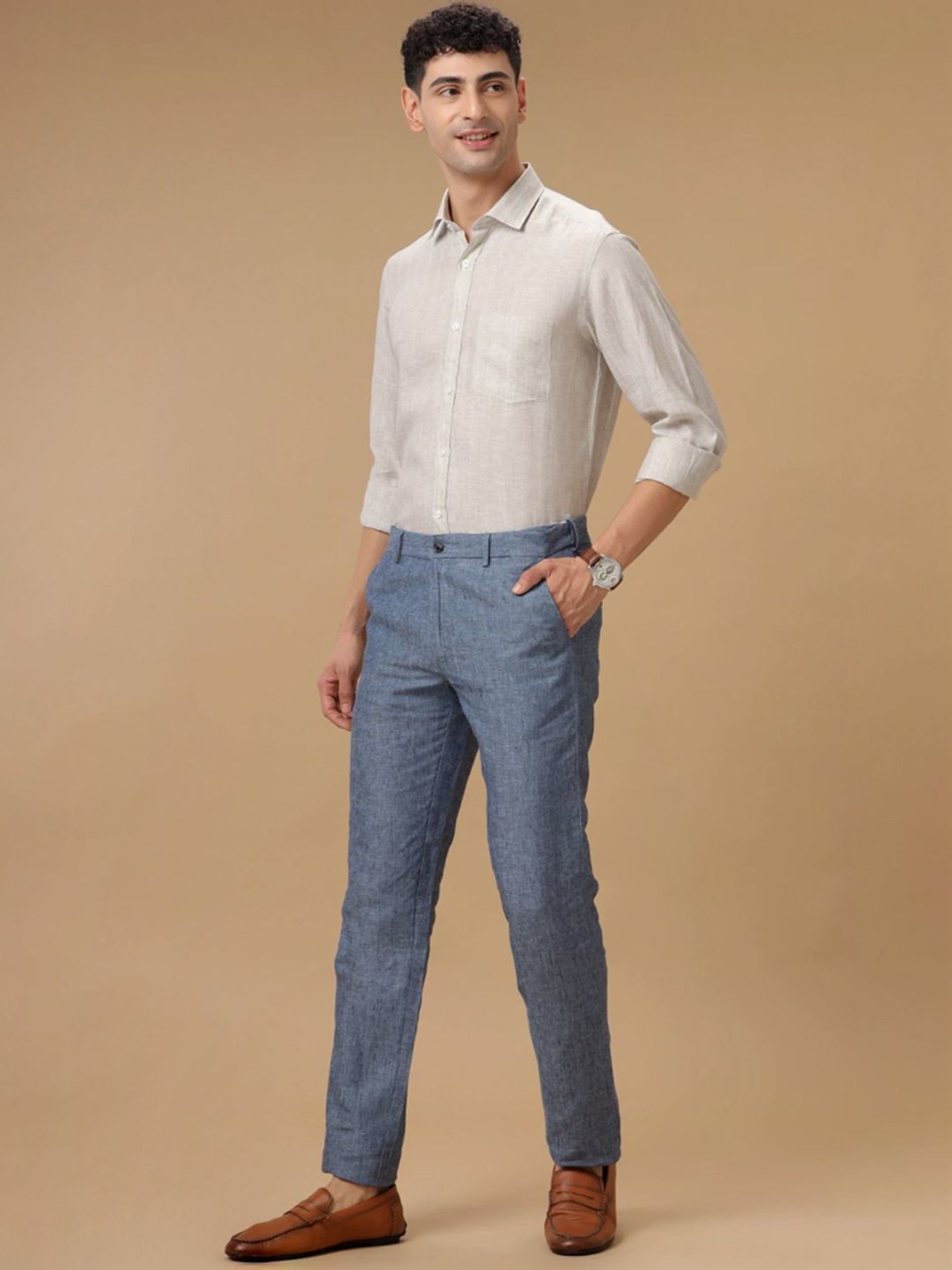 Linen Club Blue Linen Contemporary Fit Texture Trousers