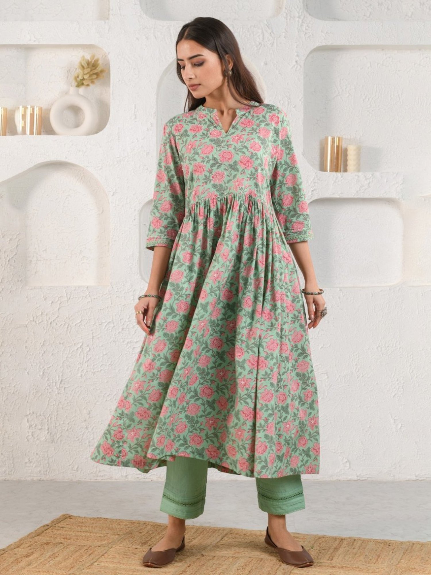 Prakriti Jaipur Green Bageecha Gathered Kurta