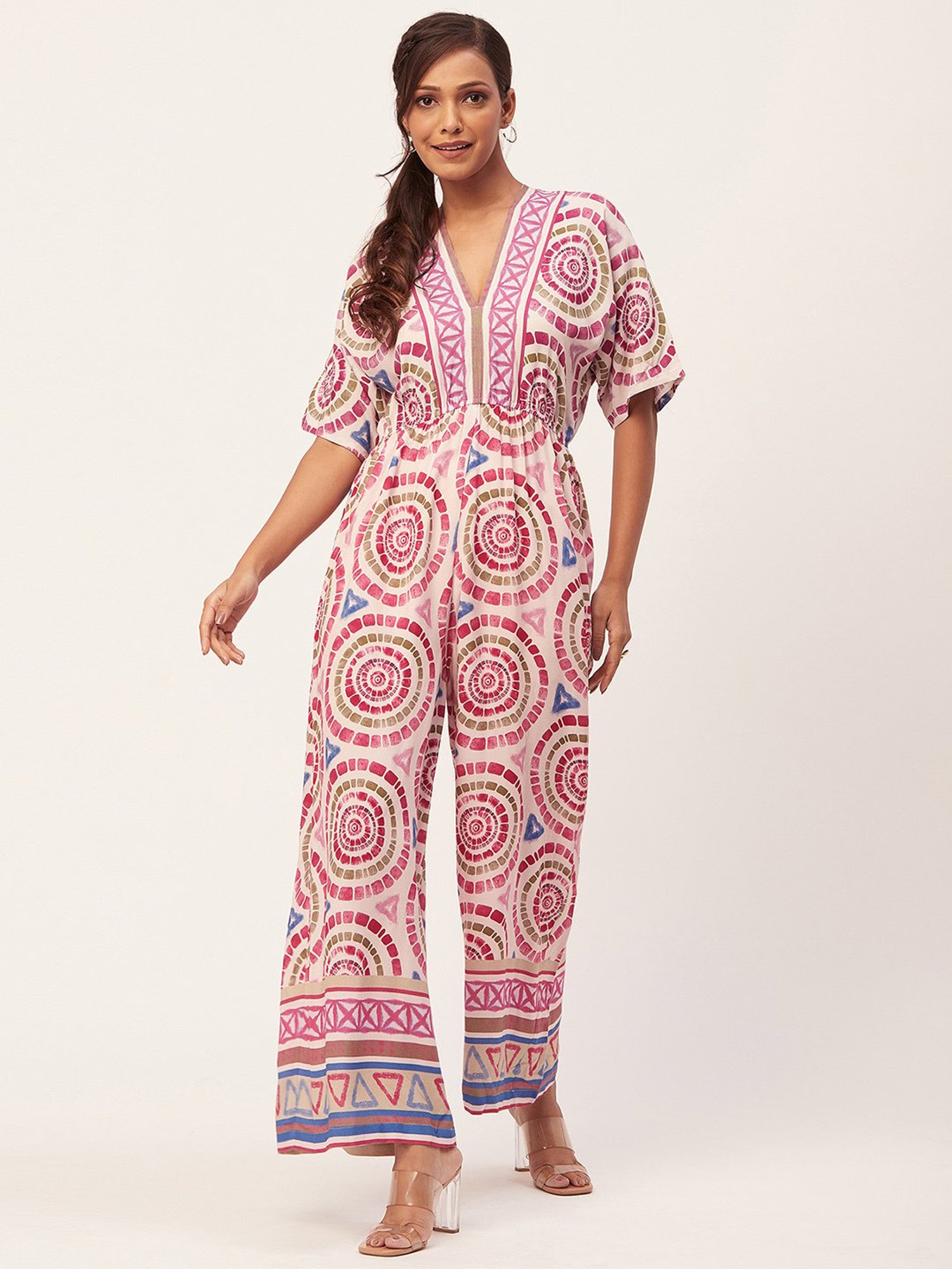Moomaya Pink & Beige Printed Jumpsuit