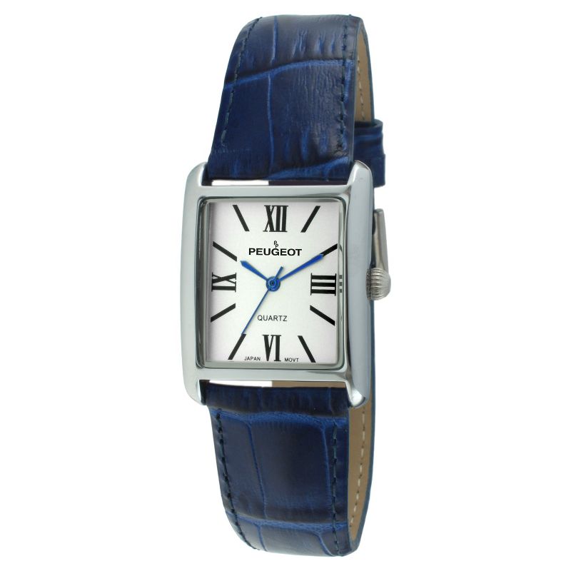 Women's Peugeot Rectangular Leather Strap Watch - Silver and  Blue