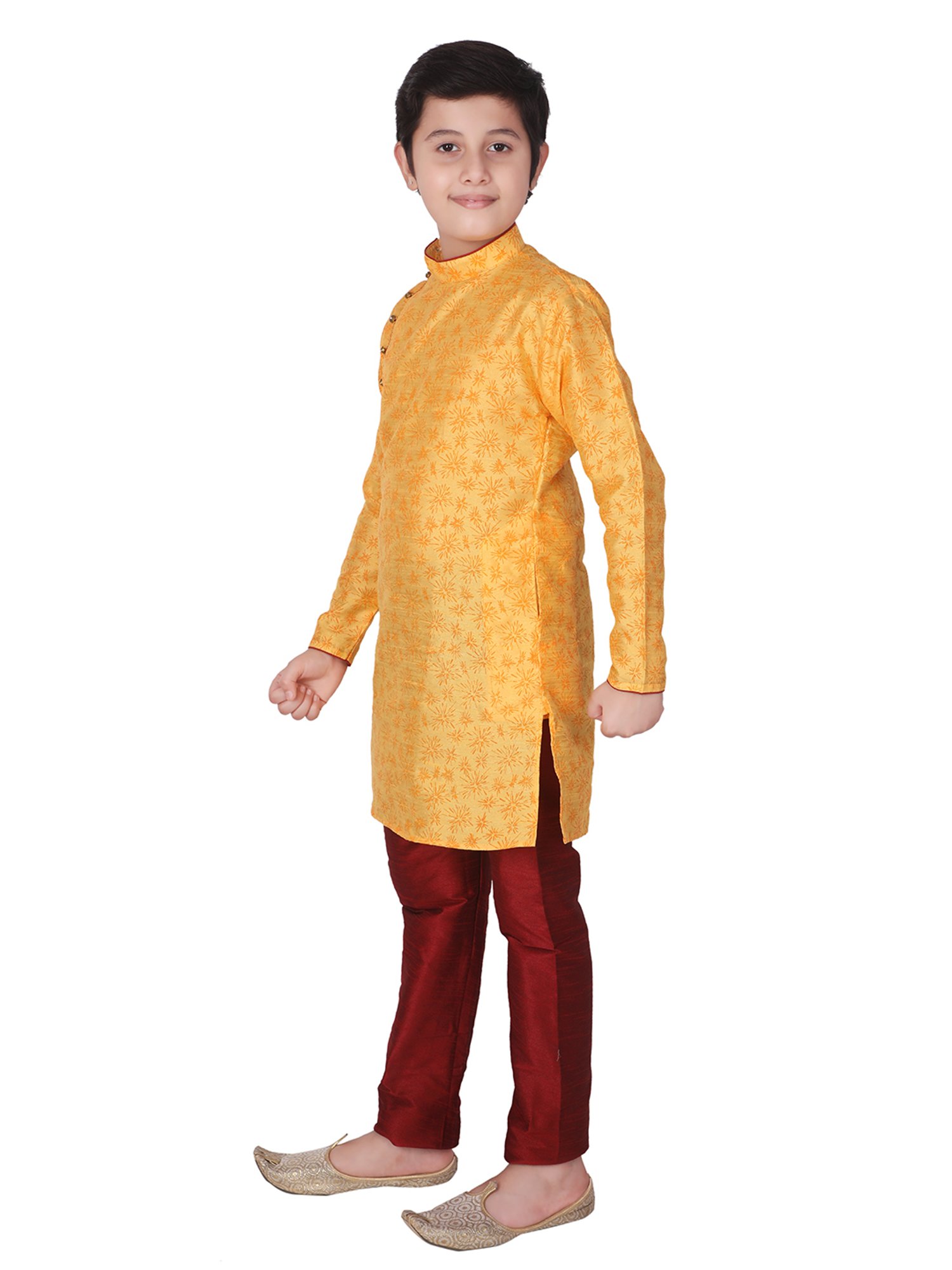 Pro-Ethic Style Developer Kids Yellow & Maroon Printed Full Sleeves Kurta with Churidar