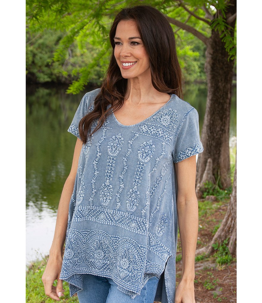 Karyn Seo Kiana Vintage Tonal Embroidered Cotton Scoop Neck Tunic Tee