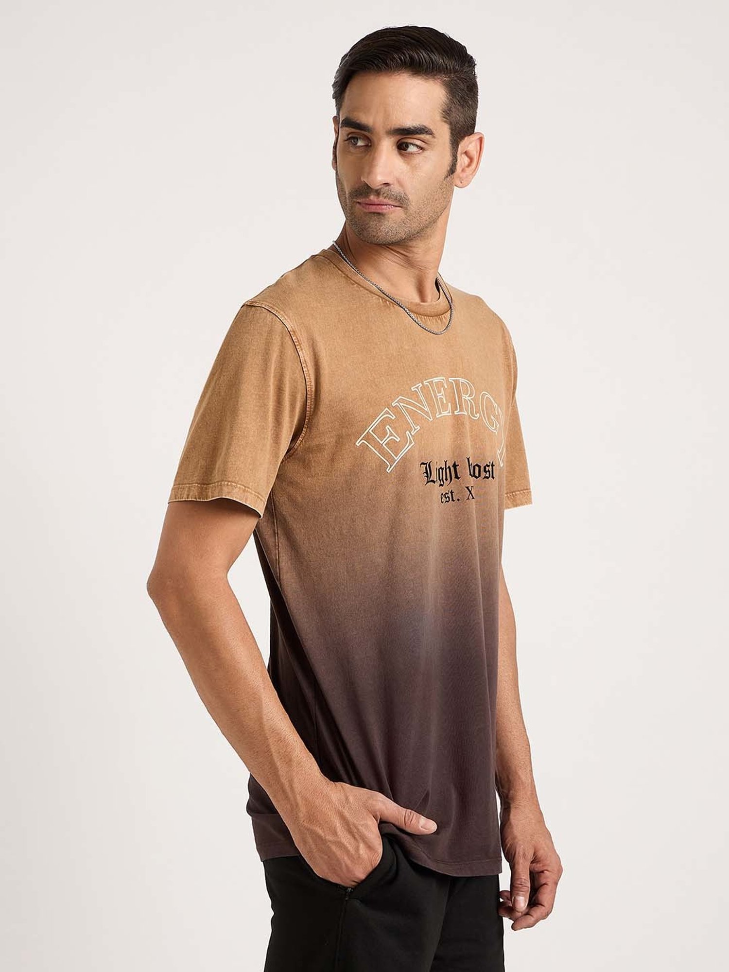 EDRIO Brown Regular Fit Printed Crew T-Shirt