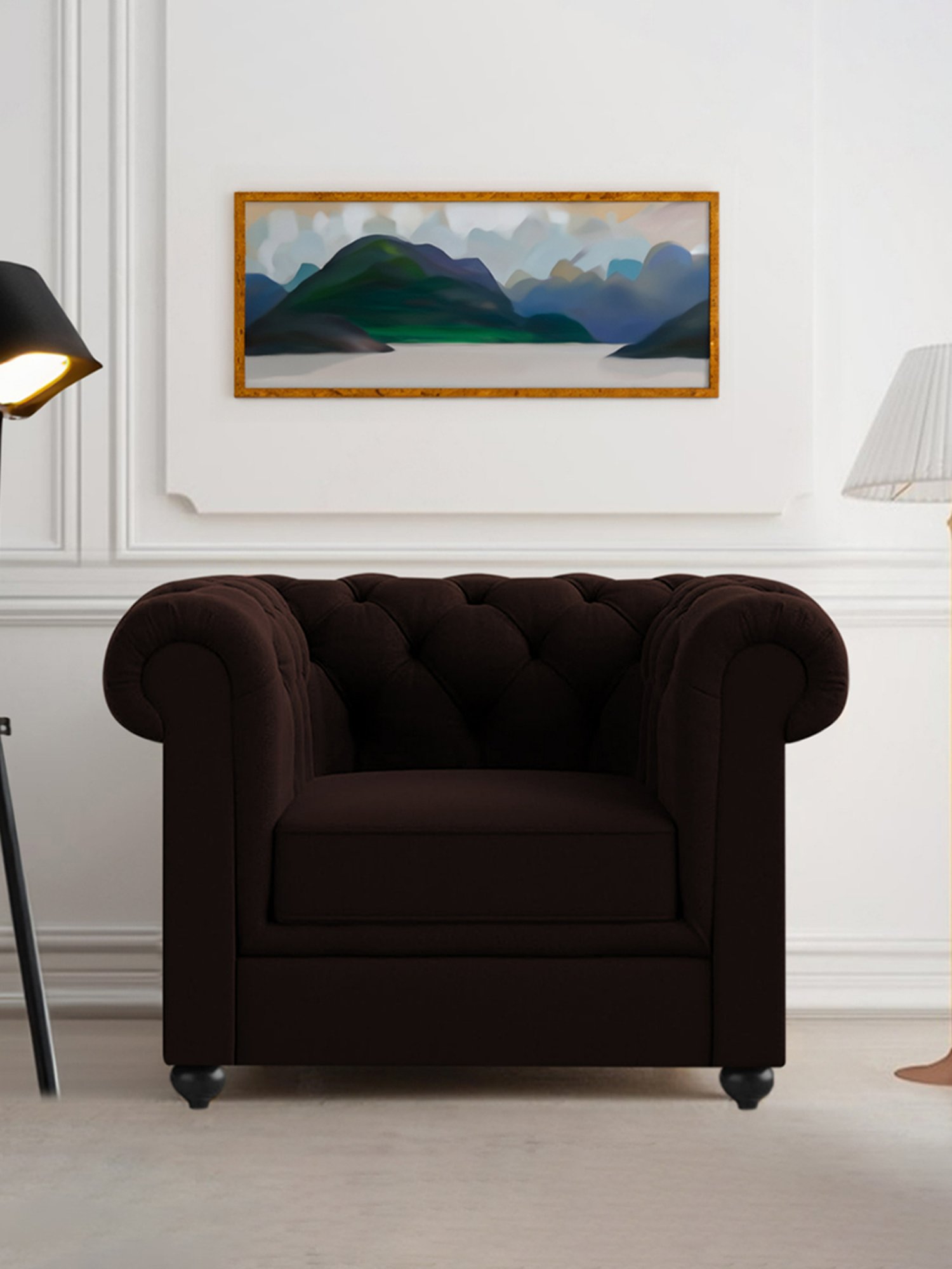 Trevi Manchester Quilted Brown Leather & Neem Wood 1 Seater Sofa