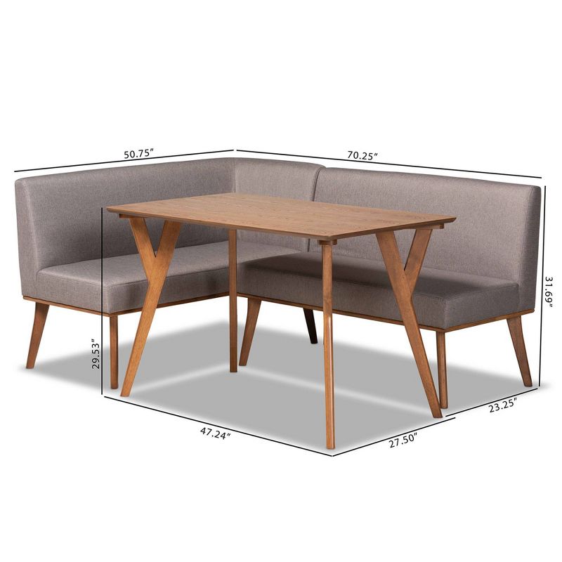 3pc Odessa Mid-Century Modern Fabric Upholstered Wood Dining Nook Set Walnut/Brown/Gray - Baxton Studio