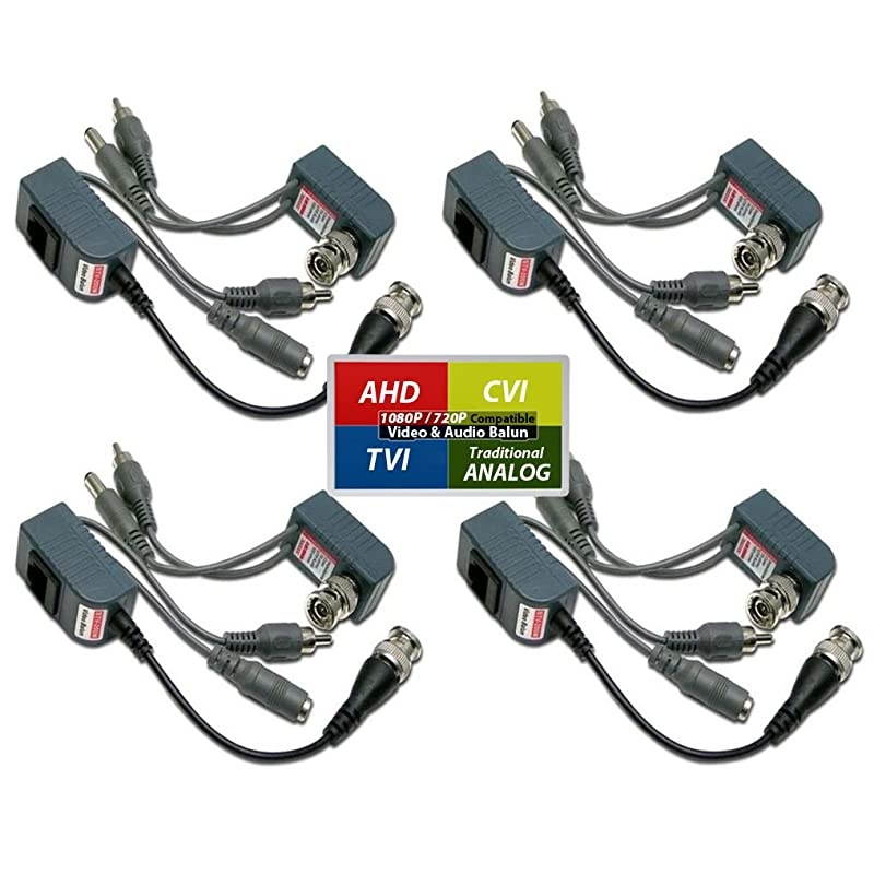 4 Pairs HD Video Audio Power Balun Compatible with 1080P720P TVI AHD CVI Analog CCTV Cameras Tested Well Network Transceiver Connectors CAT5CAT6 to BNC