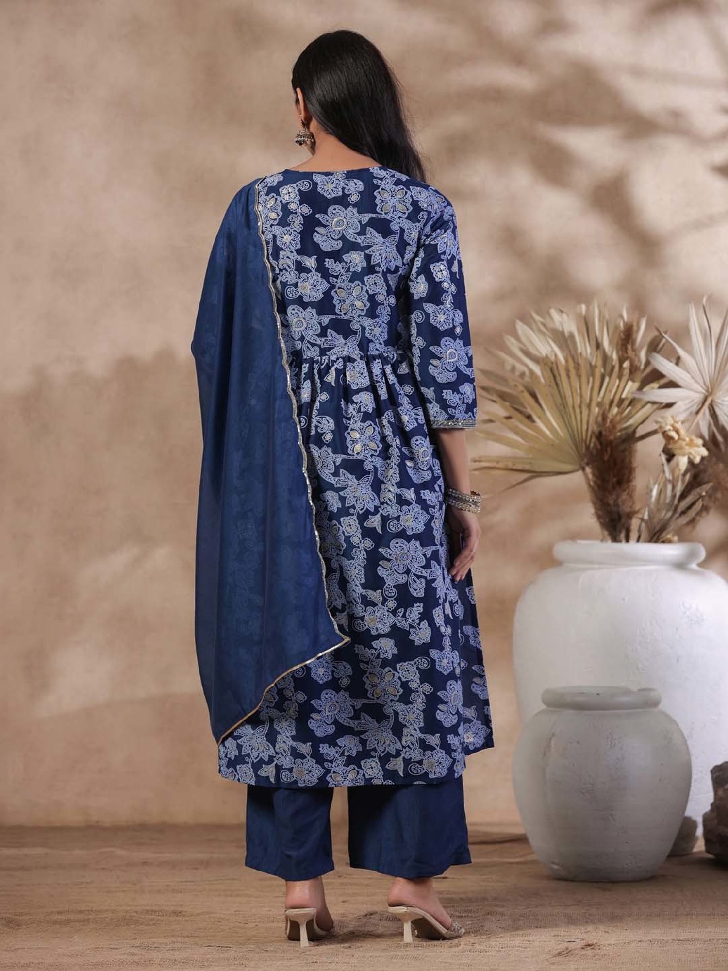 Ishin Navy Printed Kurta With Palazzo & Dupatta