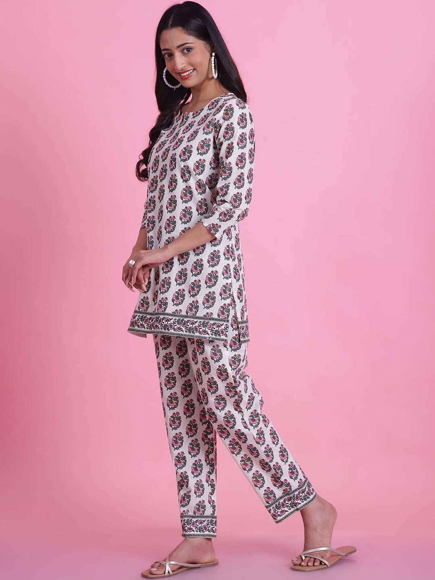 Prakrti White Cotton Floral Print Top Pant Set