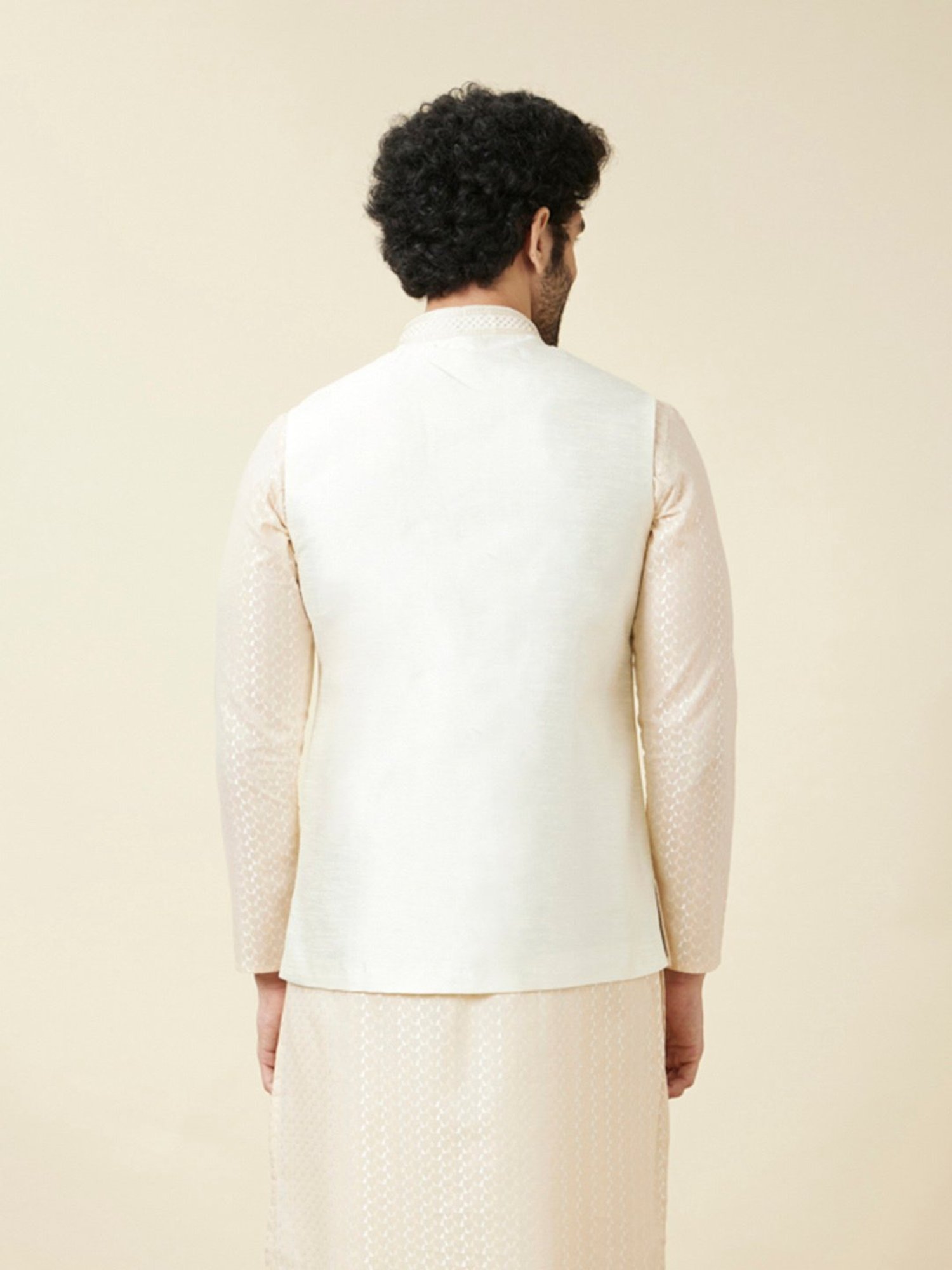 Manyavar Cream Regular Fit Self Design Nehru Jacket