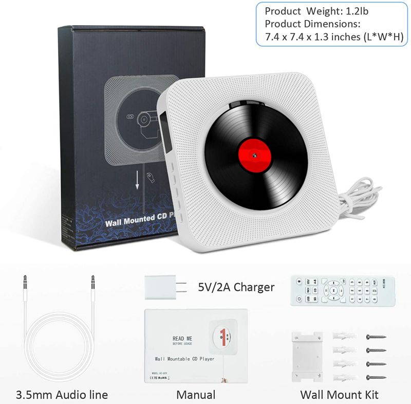 Portable CD player upgrade , ROADOM Bluetooth speaker & FM radio with LCD screen, wall-mounted CD music player, with infrared remote control, support CD / Bluetooth / FM / U disk / SD card / AUX
