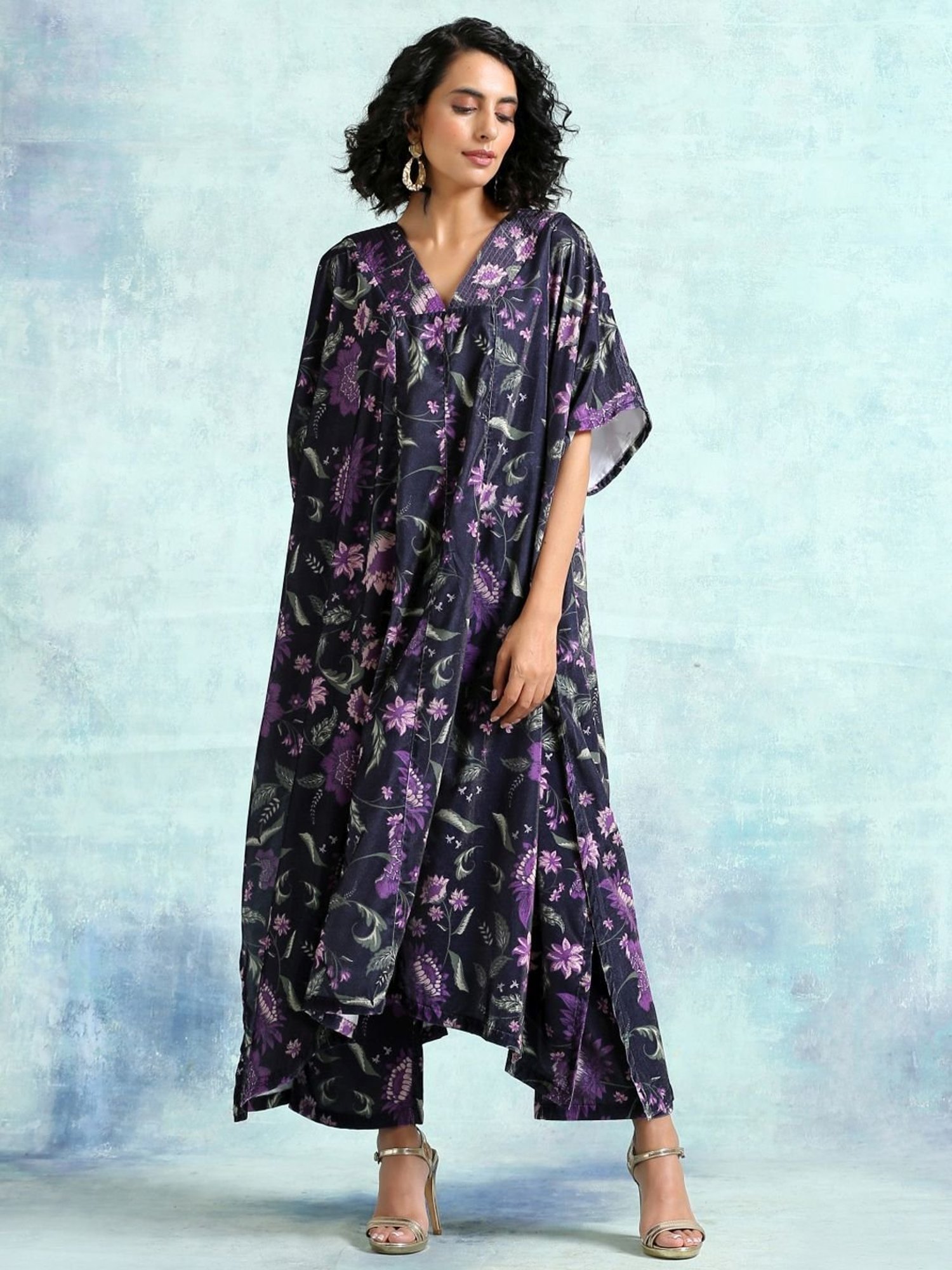 true Browns Black Printed A Line Velvet Kaftan Kurta