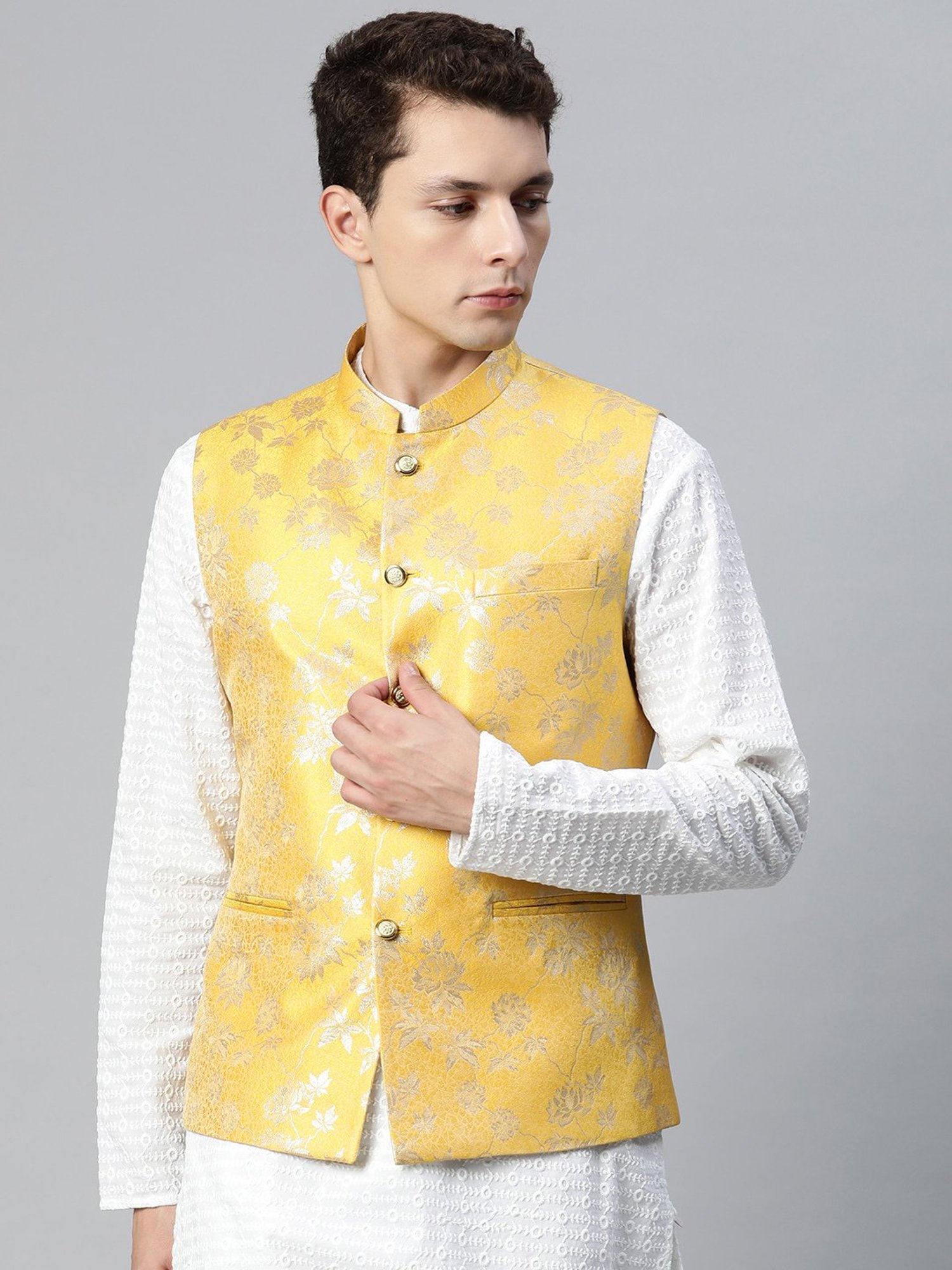 ManQ Yellow Slim Fit Nehru Jacket