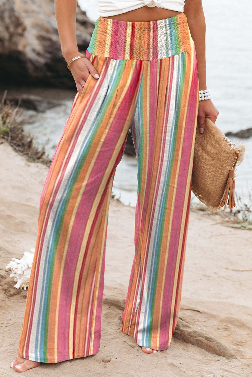 Karen Kane Cropped Wide Leg Linen Blend Striped Pants