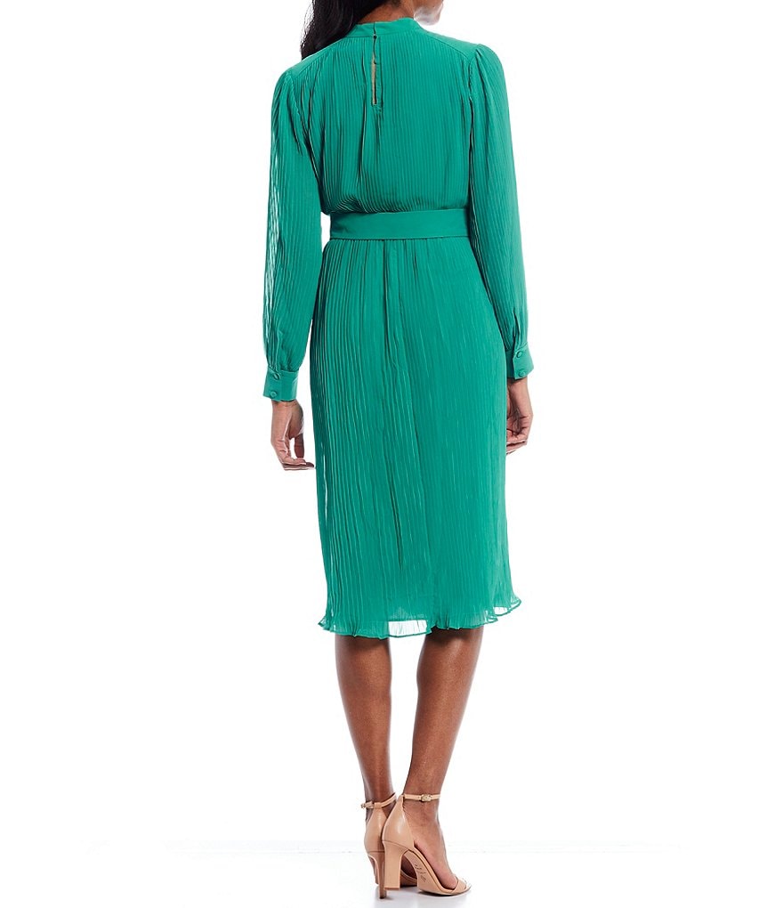 Maggy London Mock Neck Belted Pleated Georgette Long Sheer Sleeve Midi Dress