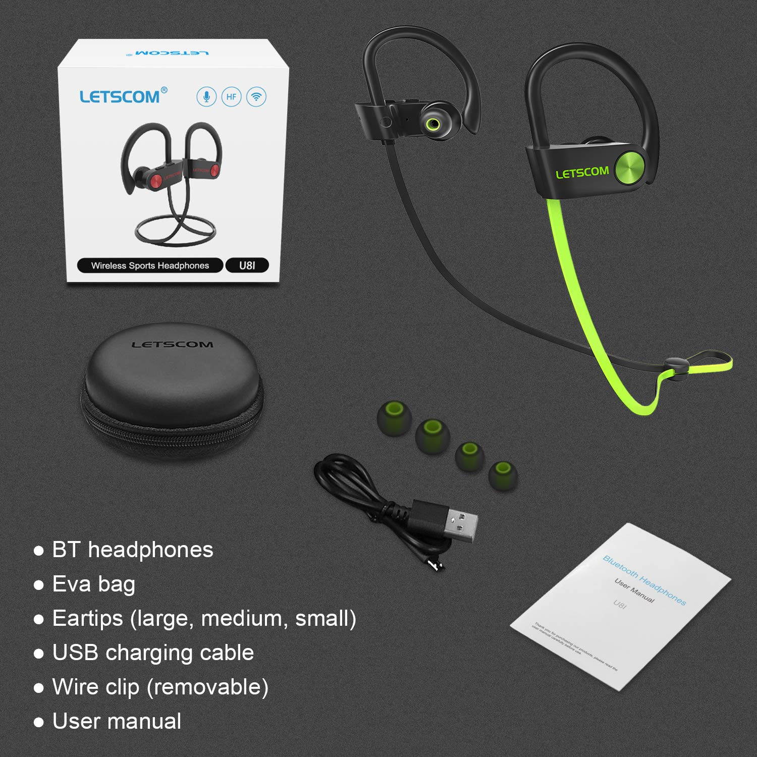 Bluetooth Headphones IPX7 Waterproof, Wireless Sport Earphones, HiFi Bass Stereo Sweatproof Earbuds w/Mic, Noise Cancelling Headset for Workout, Running, Gym, 8 Hours Play Time