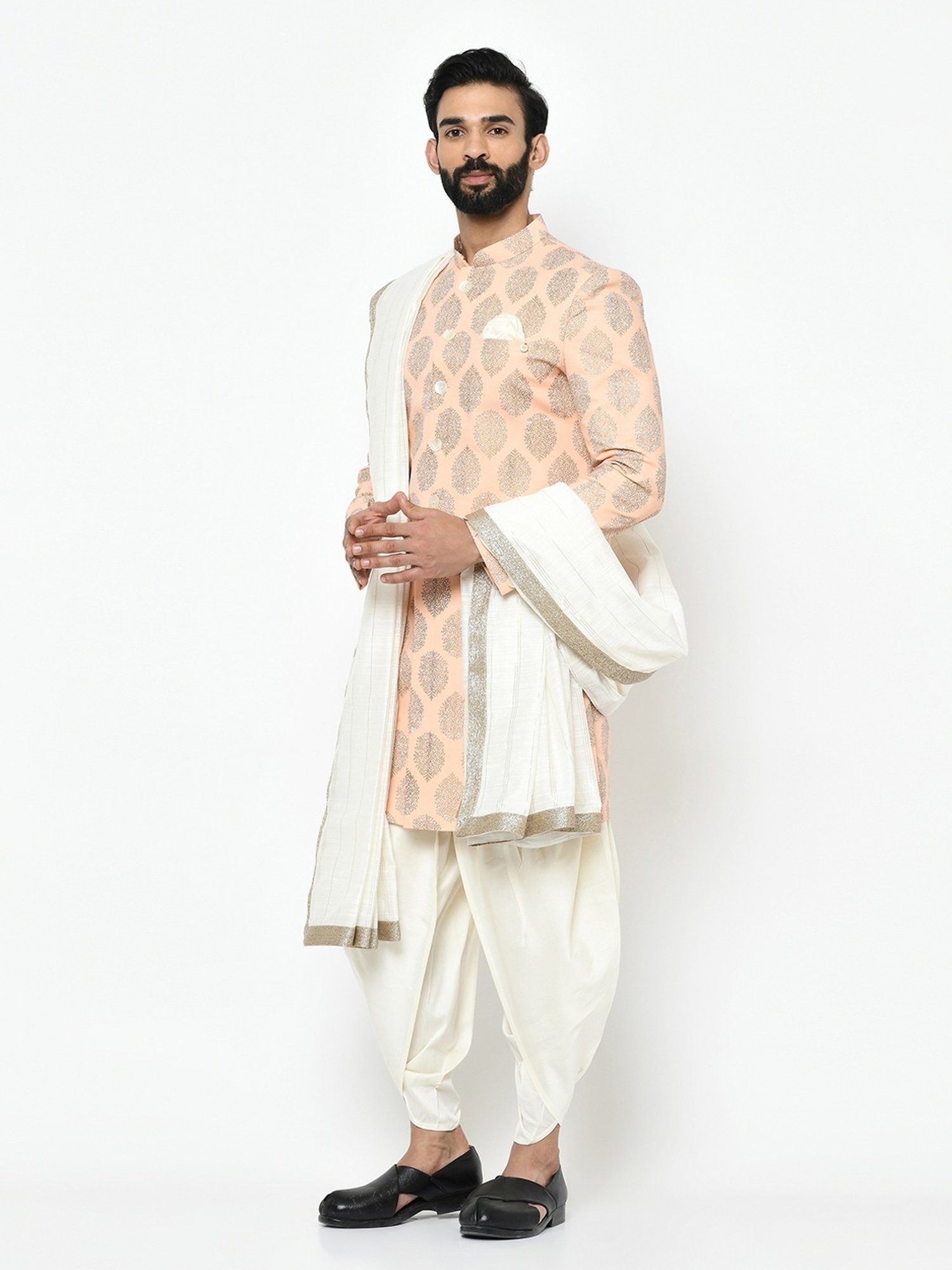 KISAH Peach & White Cotton Regular Fit Printed Sherwani Set