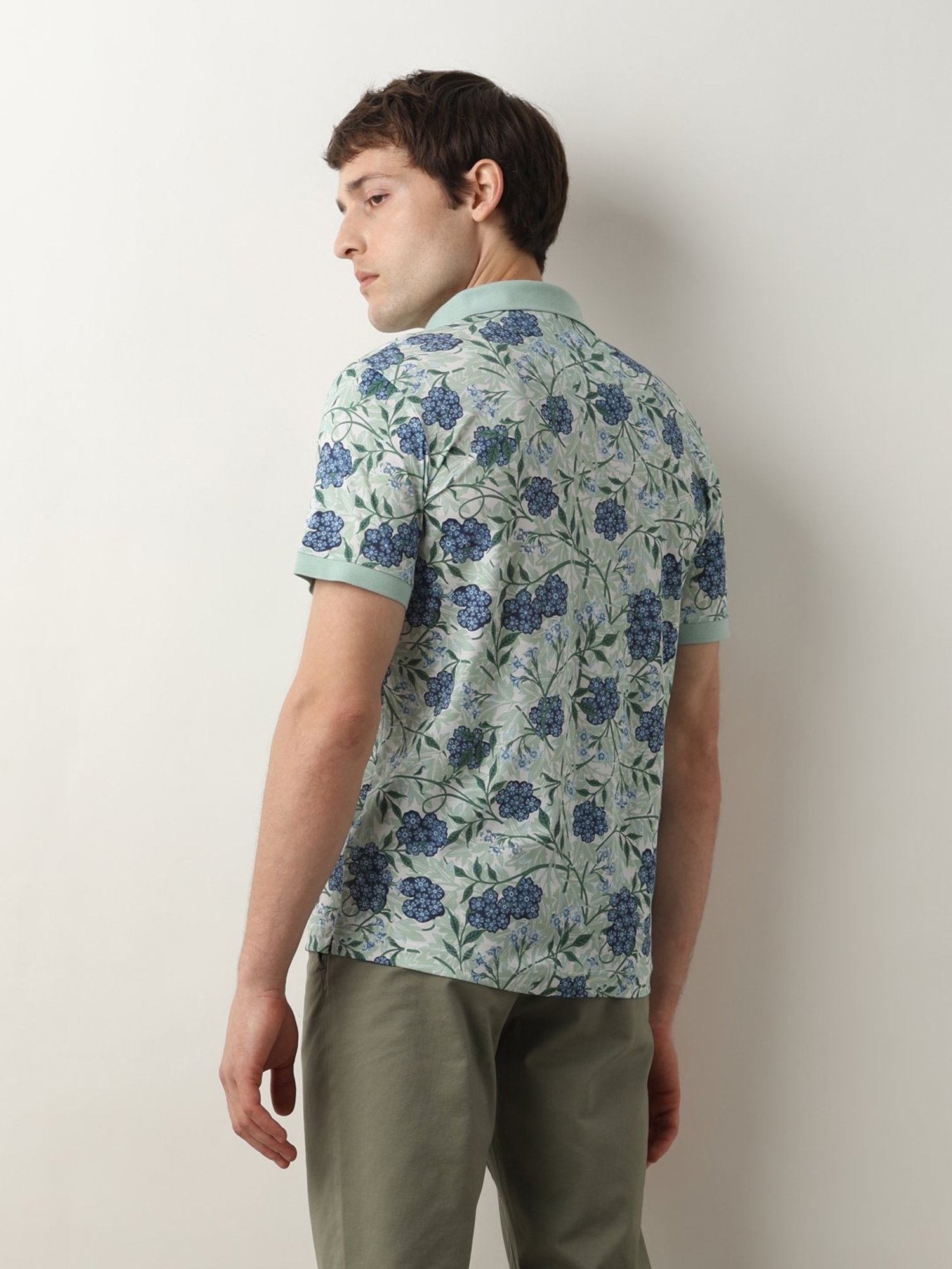SELECTED HOMME Mint Green Slim Fit Floral Print Cotton Polo T-Shirt