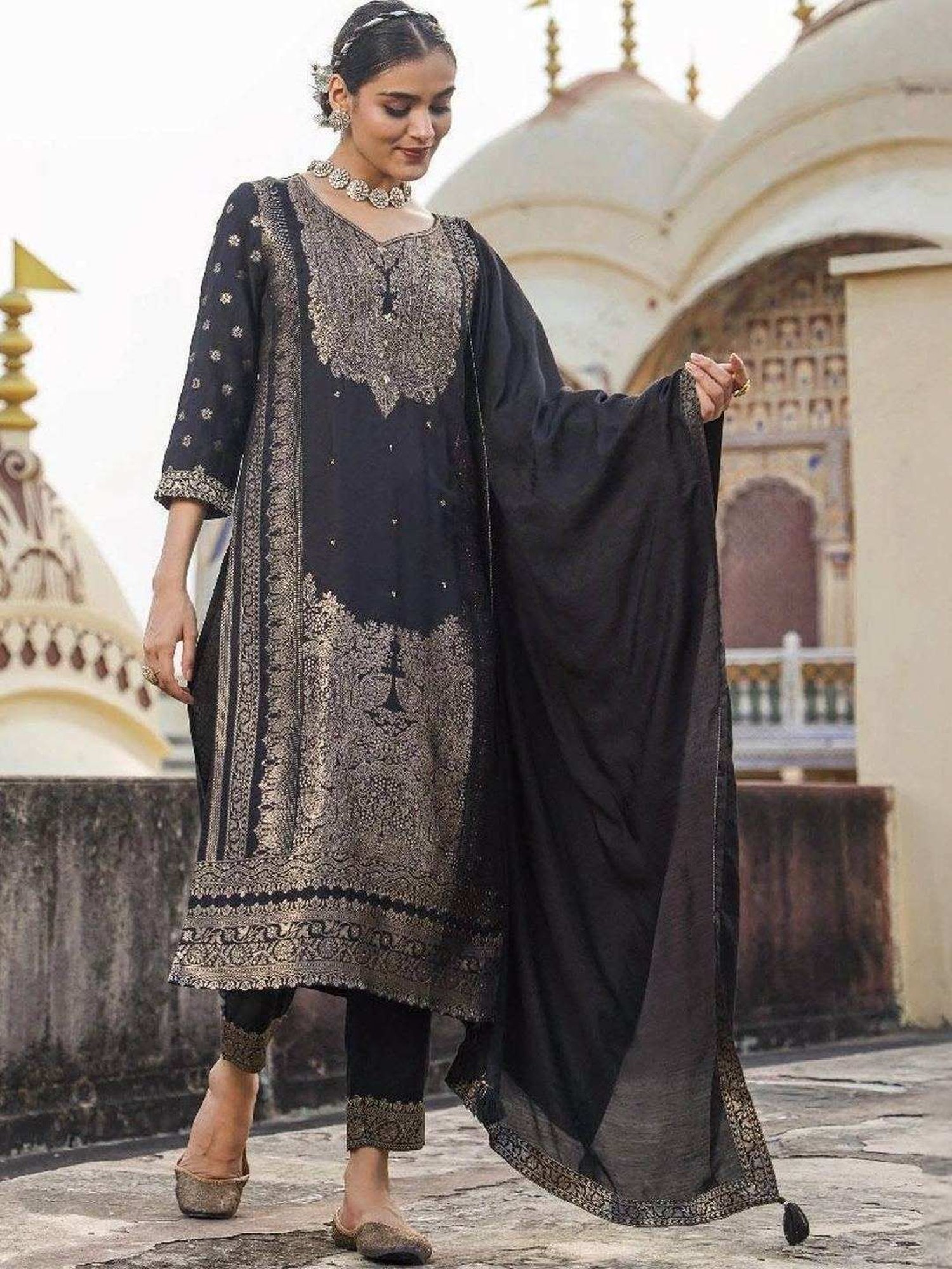 Scakhi Black Dola Silk Jacquard Embellished Kurta and Pant With Dupatta