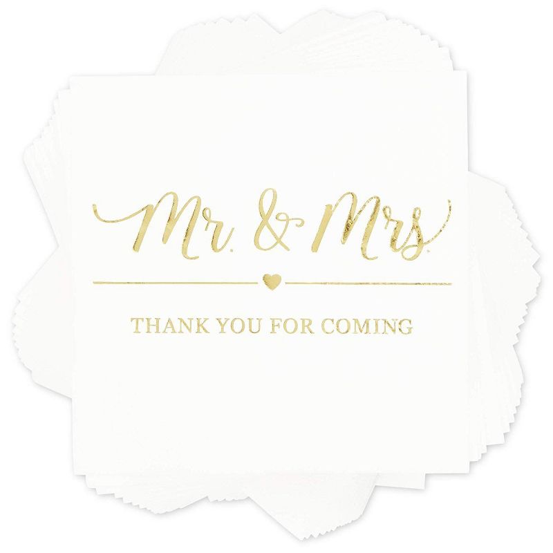 Sparkle and Bash 100x Mr Mrs Gold Foil Disposable Cocktail Napkins for Weddings Party, white 5 inch, 3 Ply
