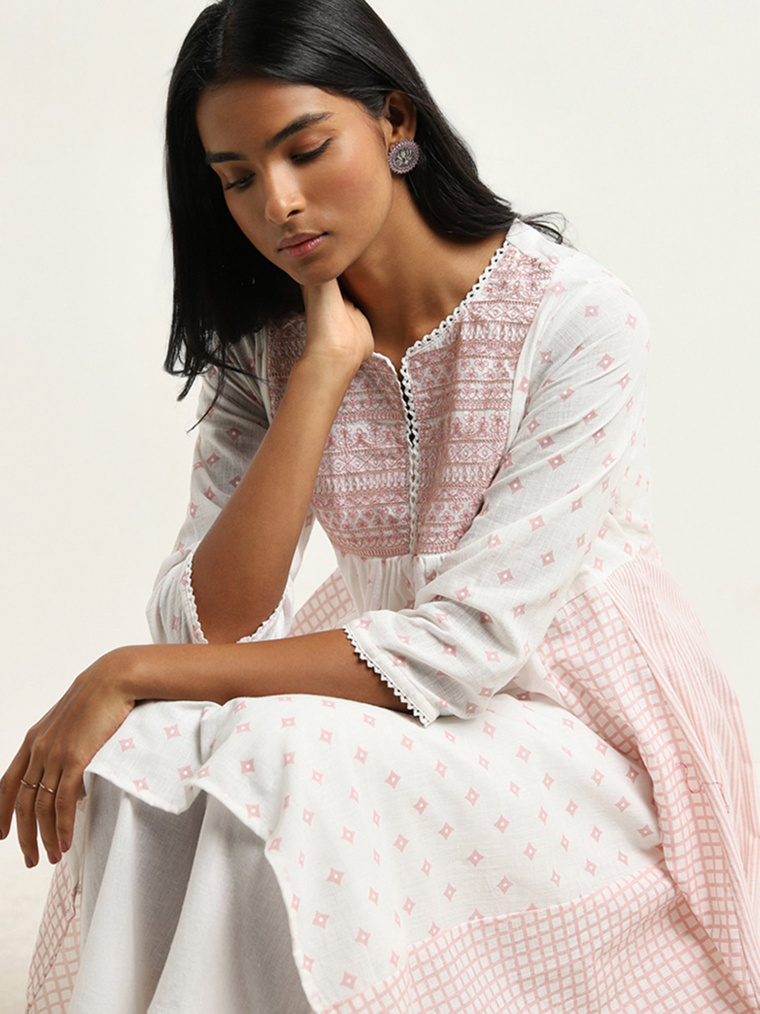 Utsa by Westside Light Pink Printed A-Line Cotton Kurta