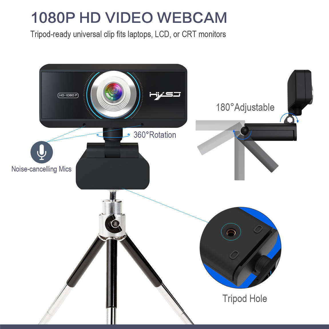 Webcam with Microphone, 1080P Full HD Computer Camera for PC with Cover, Expandable Tripod, USB Web Camera with Cover for Video Calls, Streaming, Skype, Zoom, Teleconference