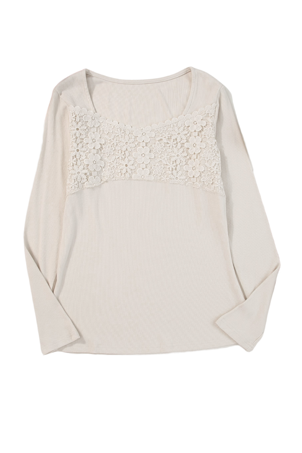 Beige Lace Contrast Casual Long Sleeve Top