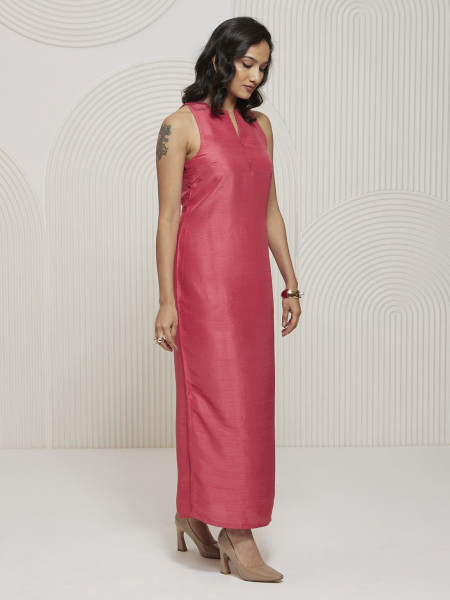 Artagai Tea Berry Pink Romancing Aari Incut Sleeve Maxi Dress