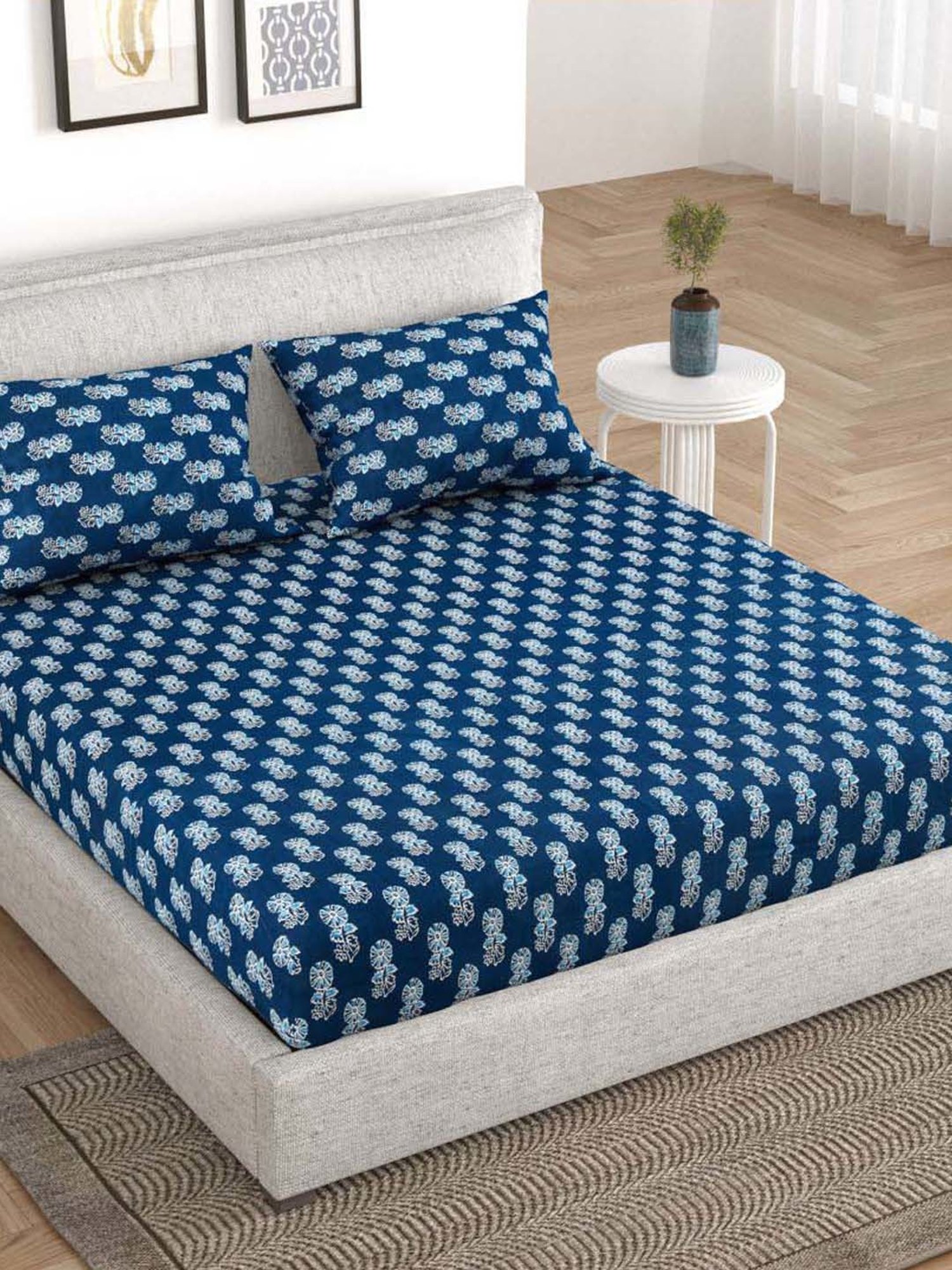 BELLA CASA Indus Collection Blue Cotton 200 TC King Bedsheet with 2 Pillow Covers