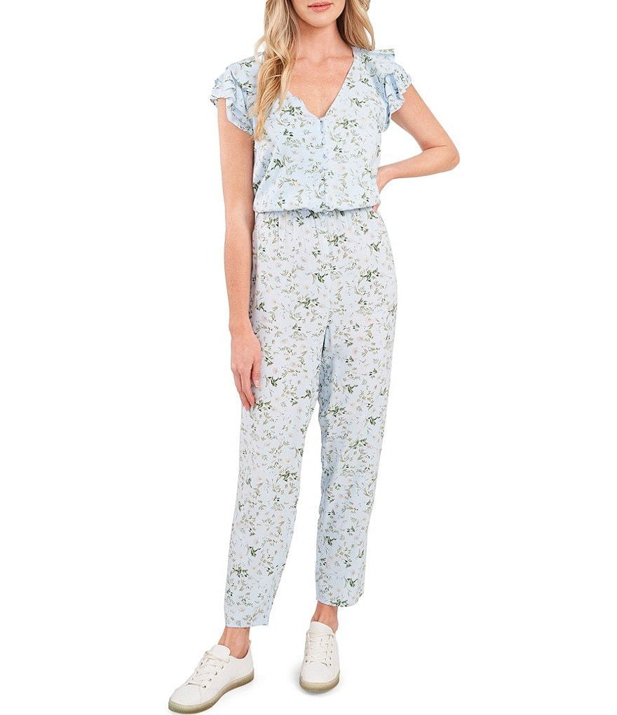 CeCe Cap Sleeve V-Neck Floral Print Ankle Length Jumpsuit