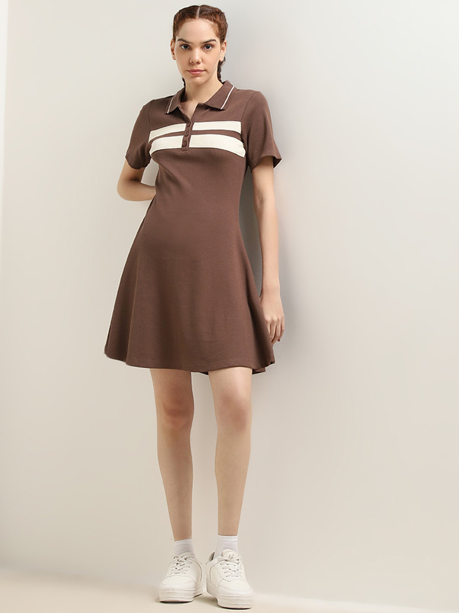 Studiofit by Westside Brown Ribbed-Textured Skater Cotton Blend Dress