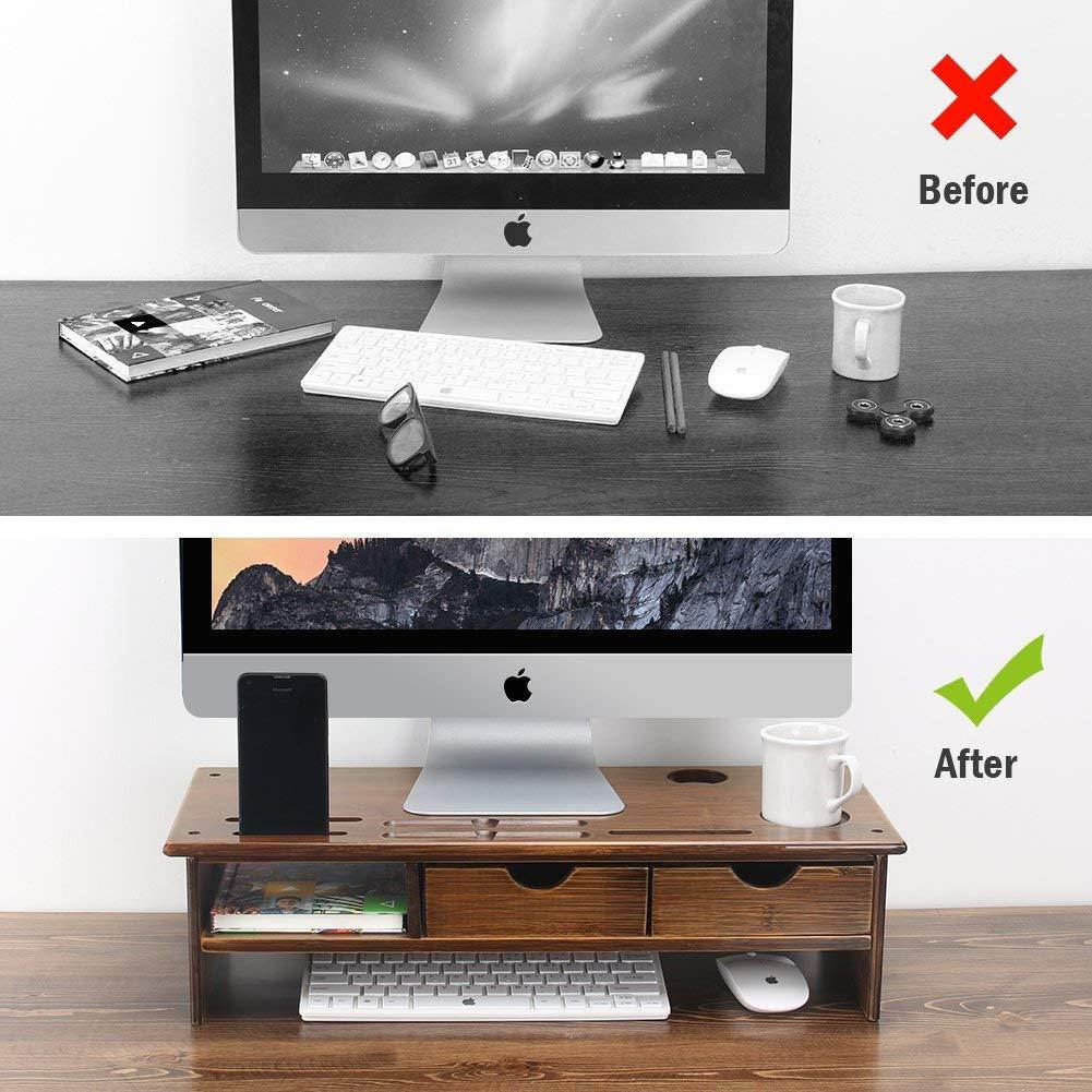 Tribesigns Monitor Stand Riser with Storage Organizer Drawers Bamboo (Retro Color)