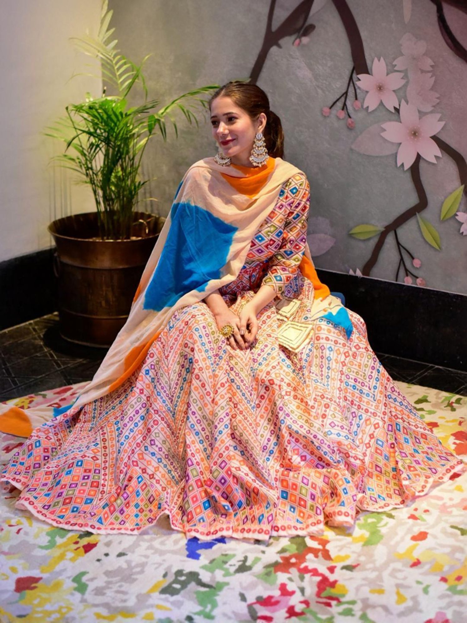 Odette Beige Printed Maxi Dress With Dupatta