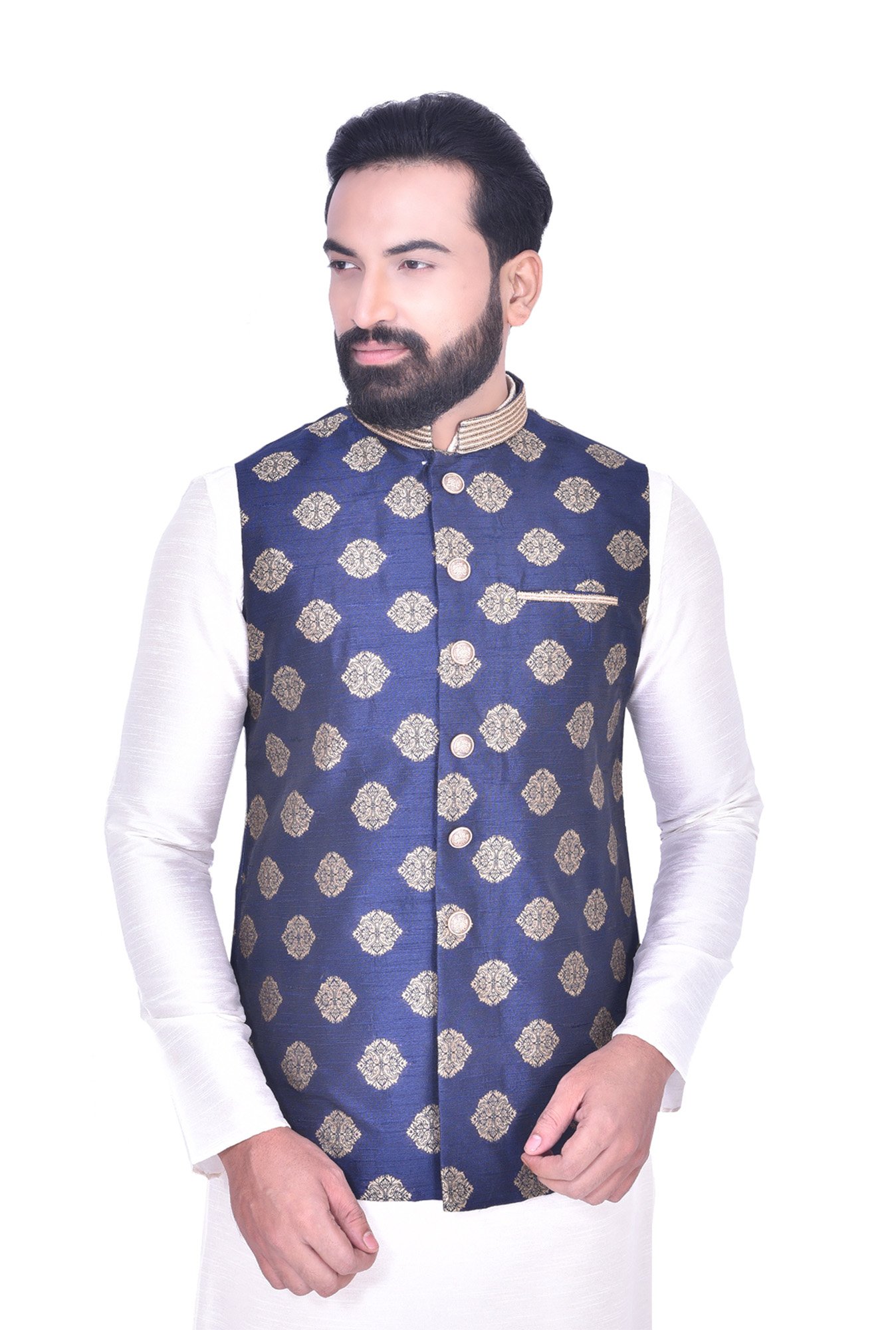Manyavar Dark Blue Sleeveless Ethnic Jacket