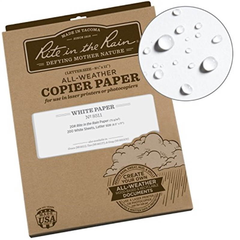 rite in the rain allweather copier paper, 8 1/2" x 11", 20# white, 200 sheet pack no. 8511