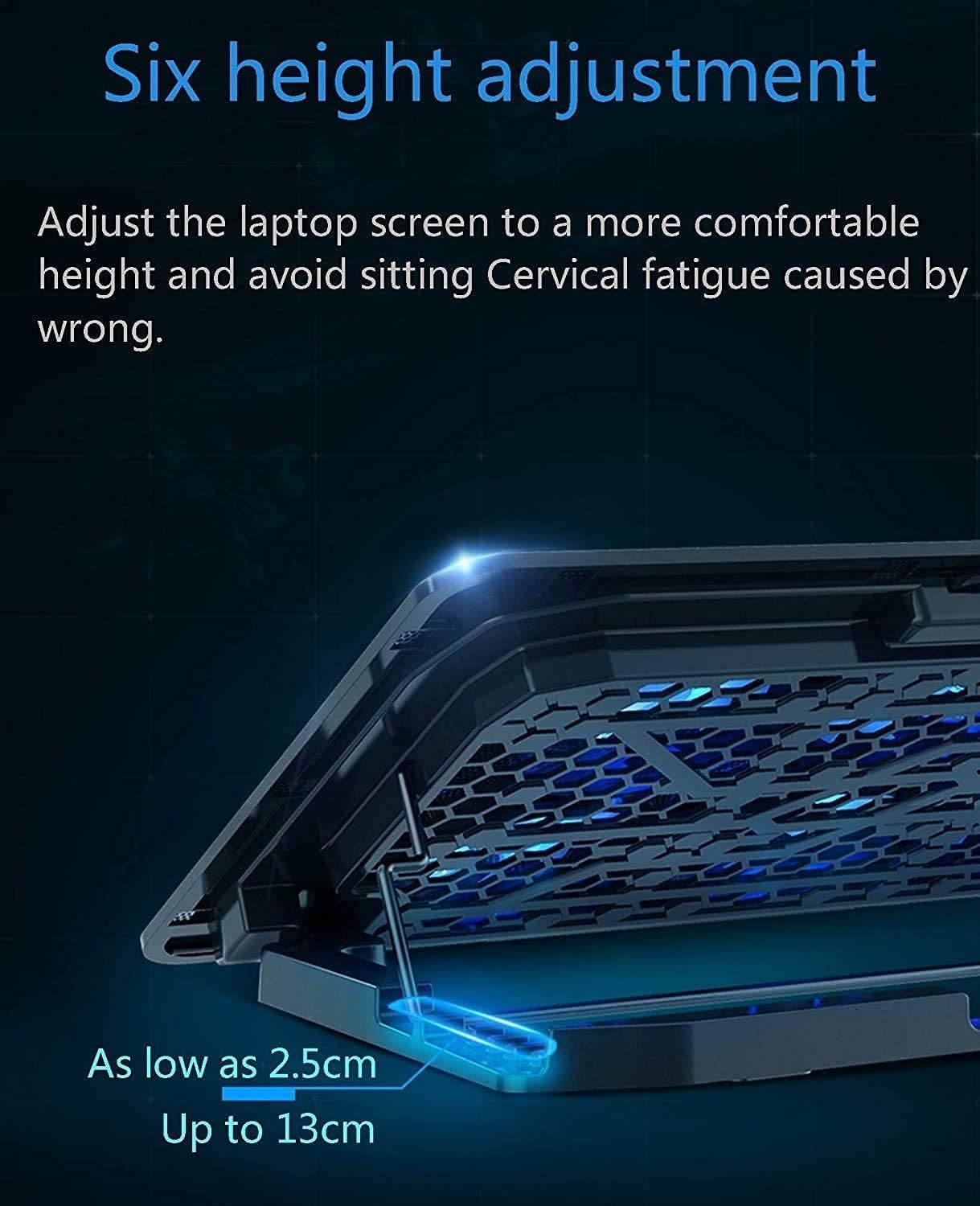 RGB Laptop Cooling Pad with 6 Quiet LED Fans 5 Heights Adjustable and Phone Stand, Dual USB Ports Gaming Laptop Cooler for 11"-18" Gaming Laptops (Blue)