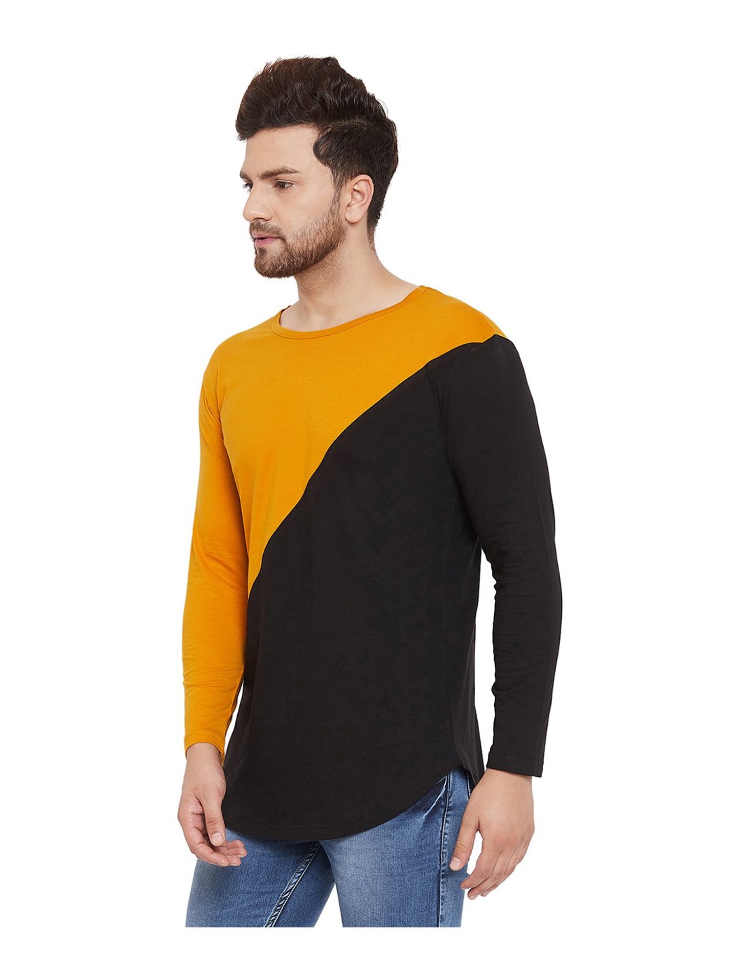 Hypernation Yellow & Black Cotton Regular Fit Color Block T-Shirt