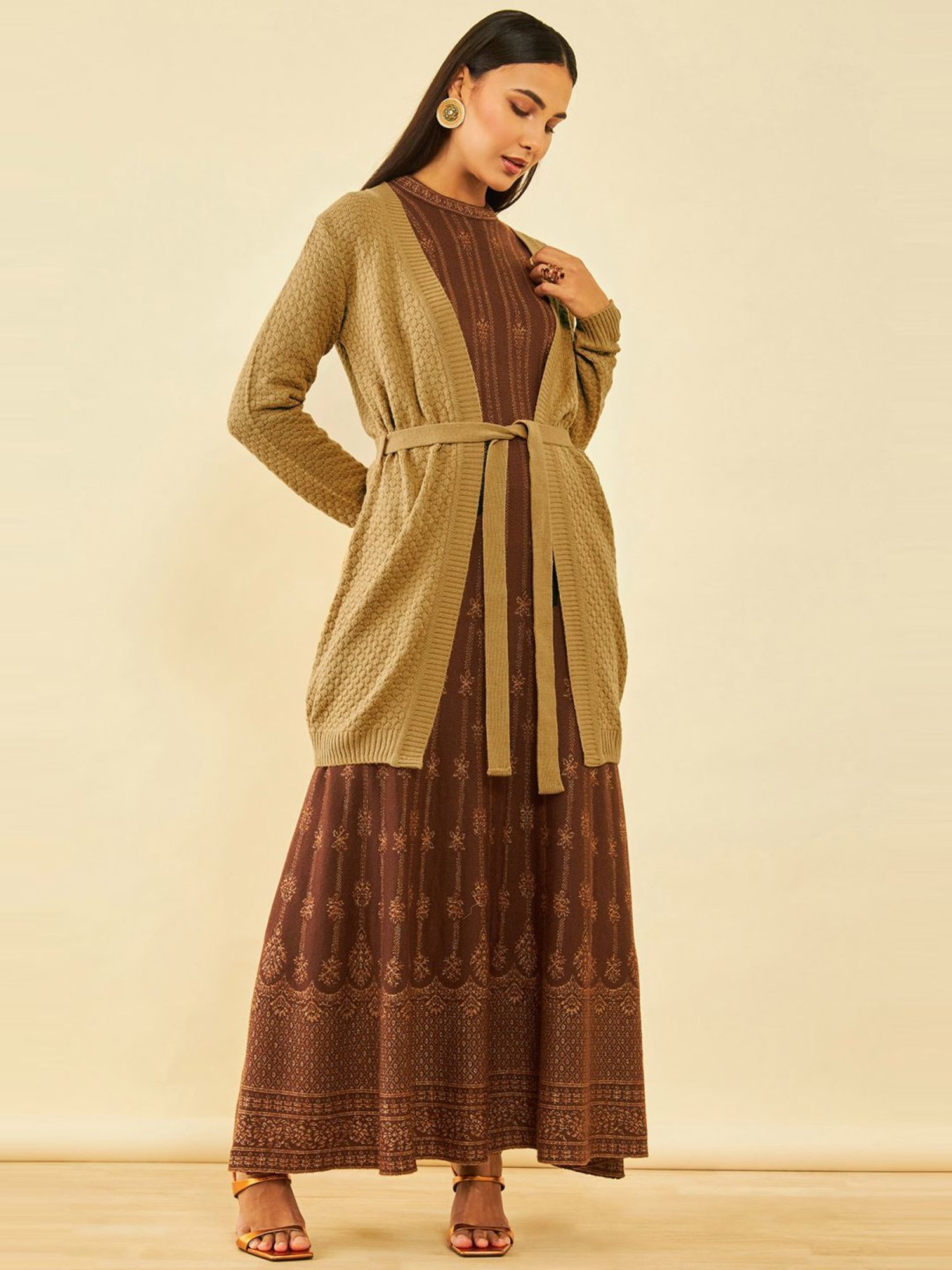 Soch Beige Acrylic Knitted Open-Front Longline Shrug with Waist Tie-Up