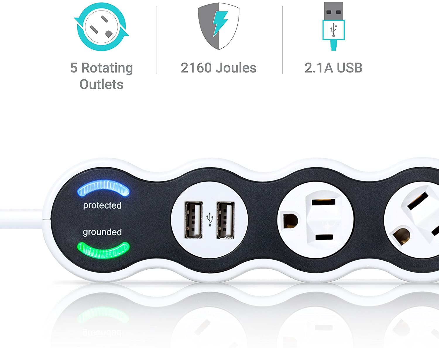 360 Electrical 36052 White Surge Protector, 5-Outlet + 2 USB + 4 ft. Cord