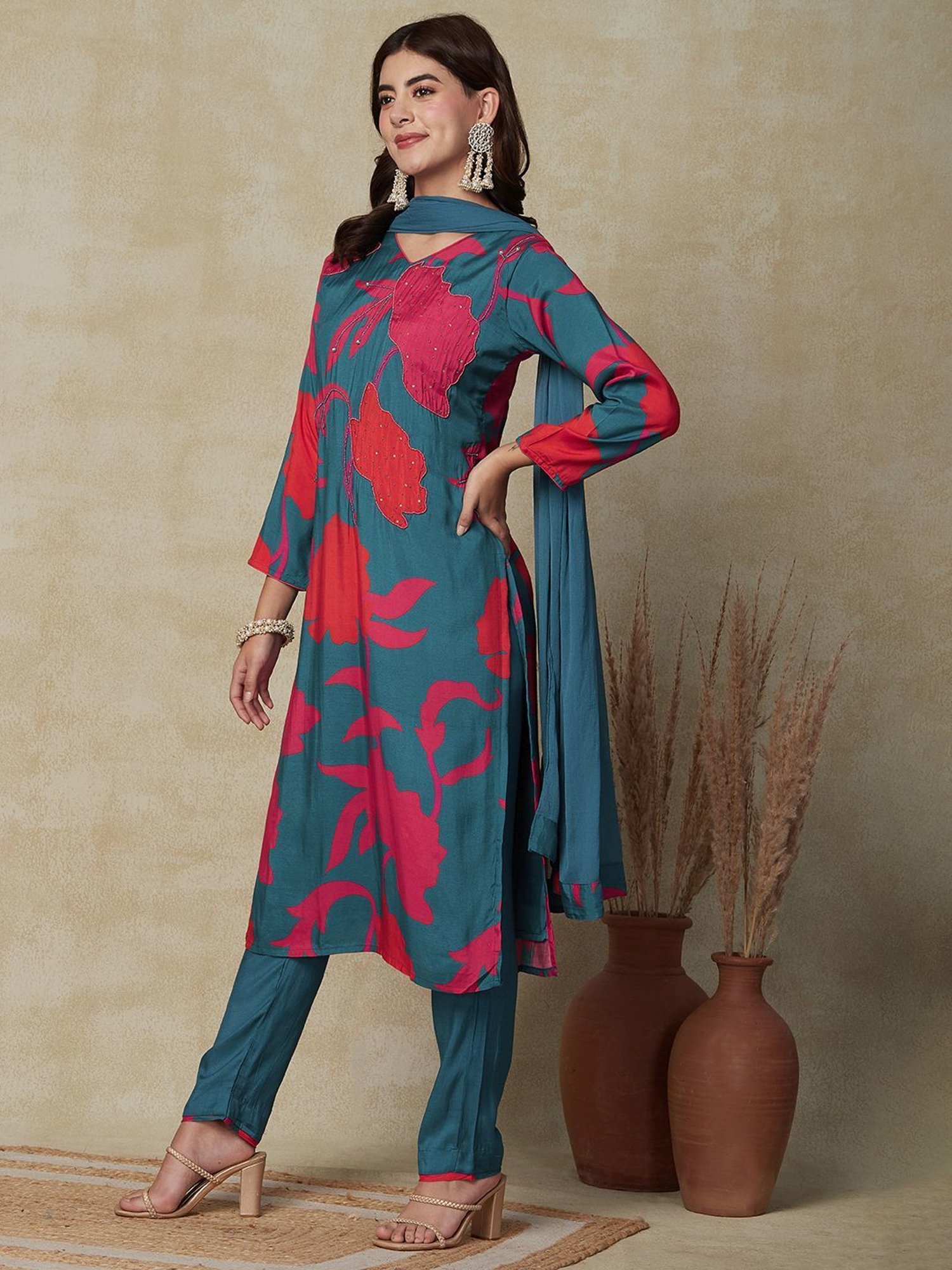 Fashor Teal Blue Printed Kurta Pant Set With Dupatta