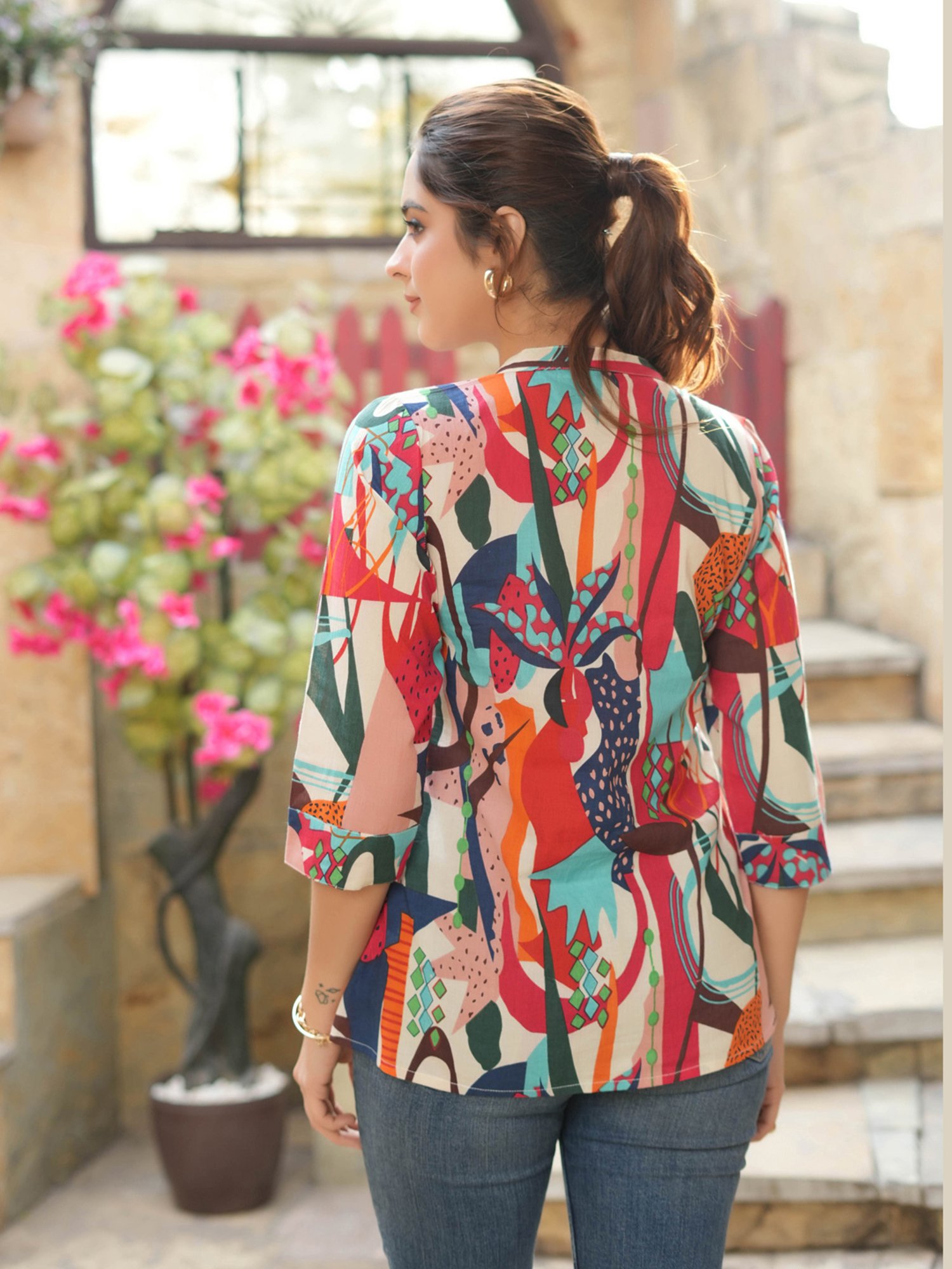 Rain and Rainbow Multicolored Cotton Printed Straight Kurti